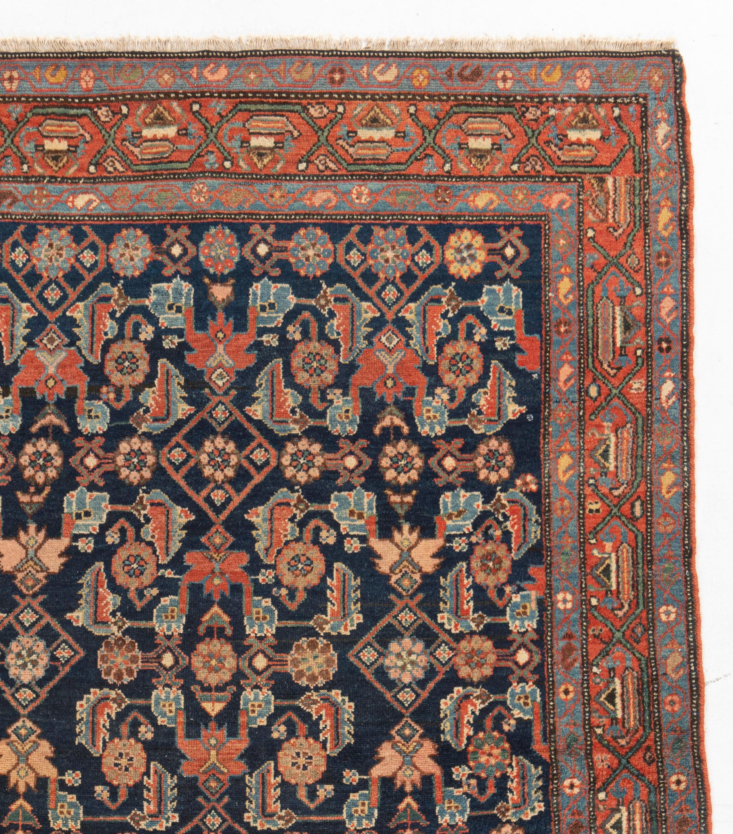 XIX secolo Antico Tappeto blu persiano Hamadan annodato a mano del 1900 circa in vendita