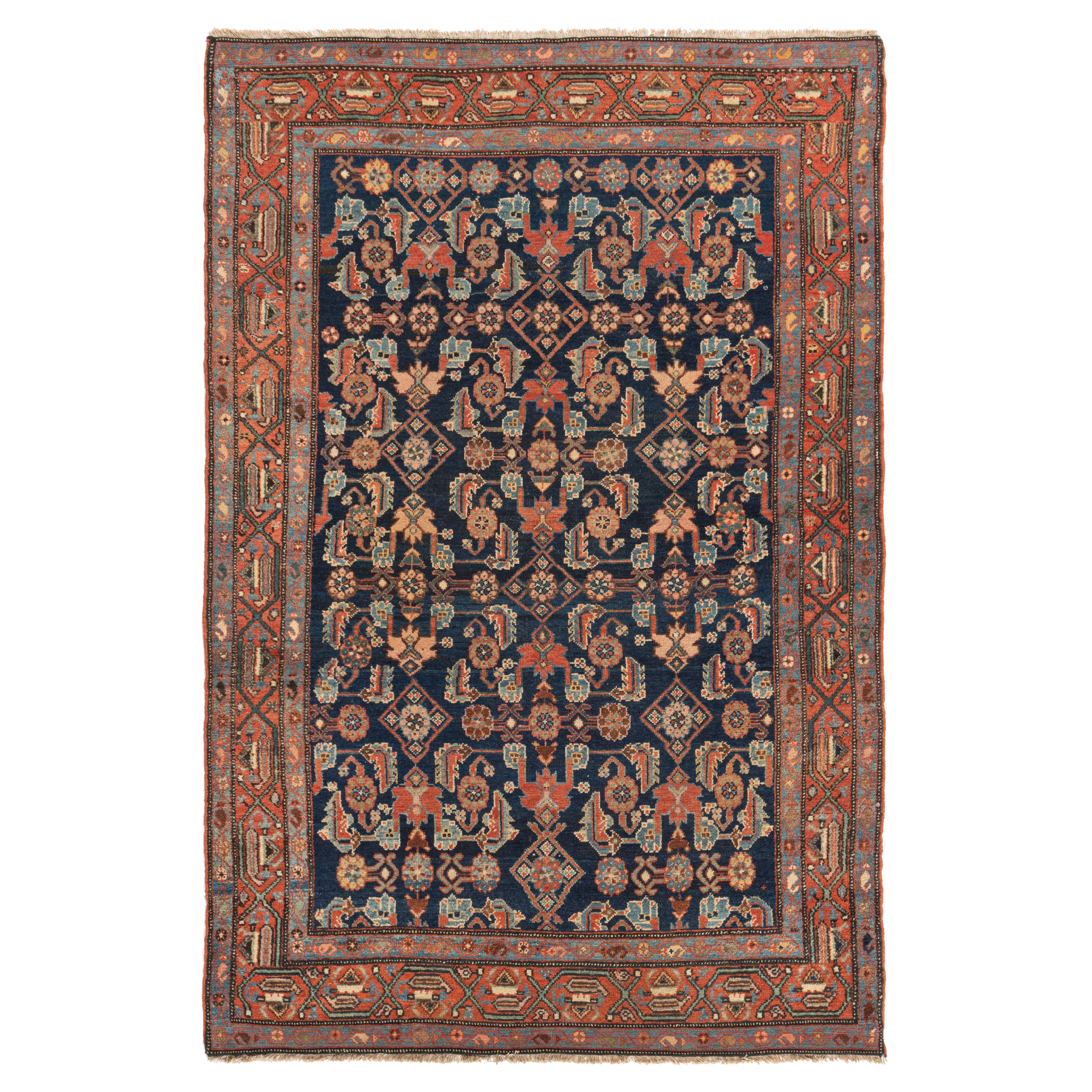Antique Circa 1900 Blue Persian Hamadan Hand Knotted Rug