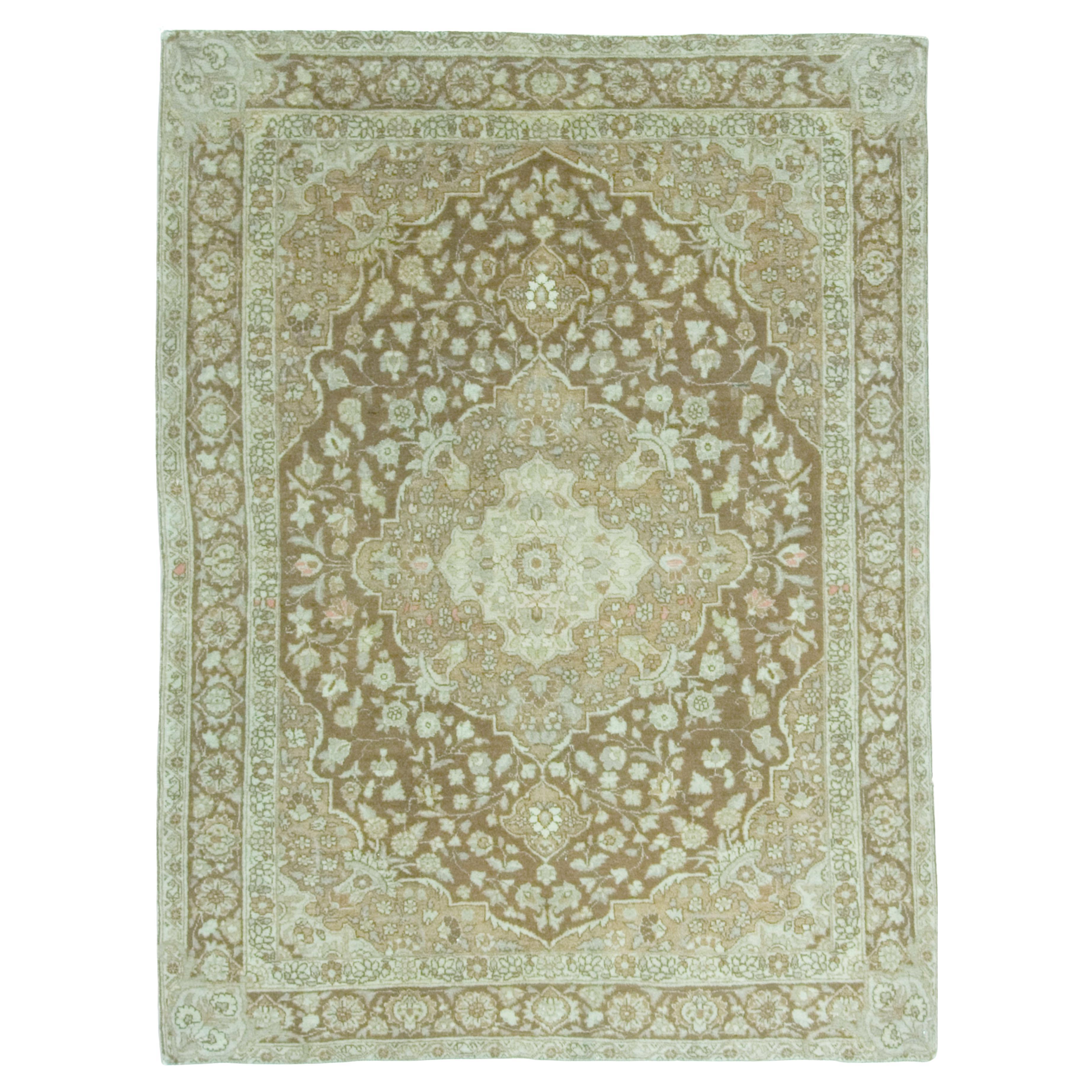 Antique Circa 1900 Brown Persian Tabriz Rug Carpet, 4'4 x 5'9