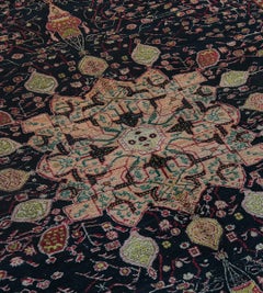 Antique Circa-1900 Charcoal-Black Floral Wool Indian Agra Rug