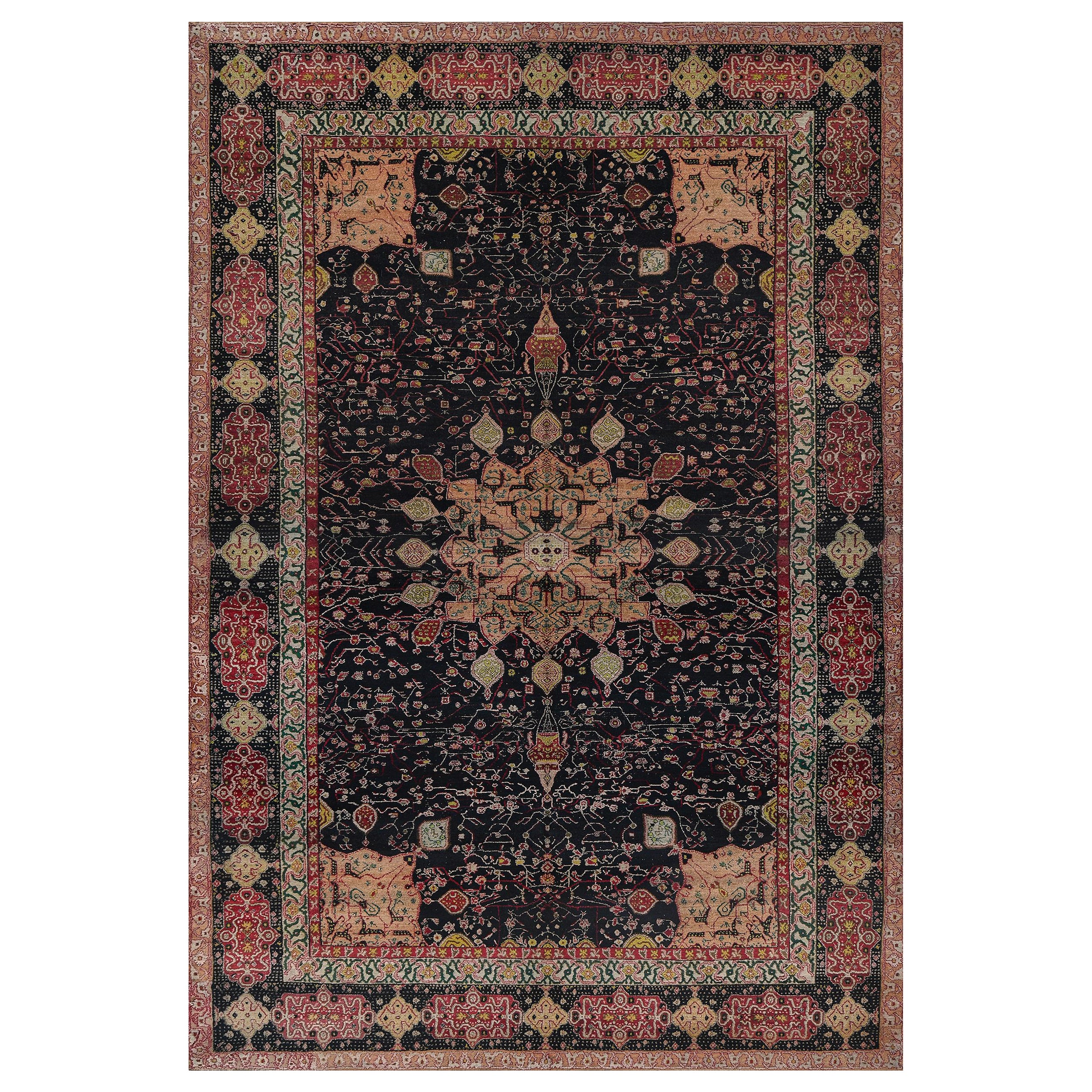 Antiker CIRCA-1900 Indischer Agra-Teppich aus schwarzer, geblümter Wolle