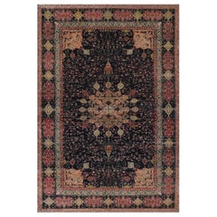 Antique Circa-1900 Charcoal-Black Floral Wool Indian Agra Rug