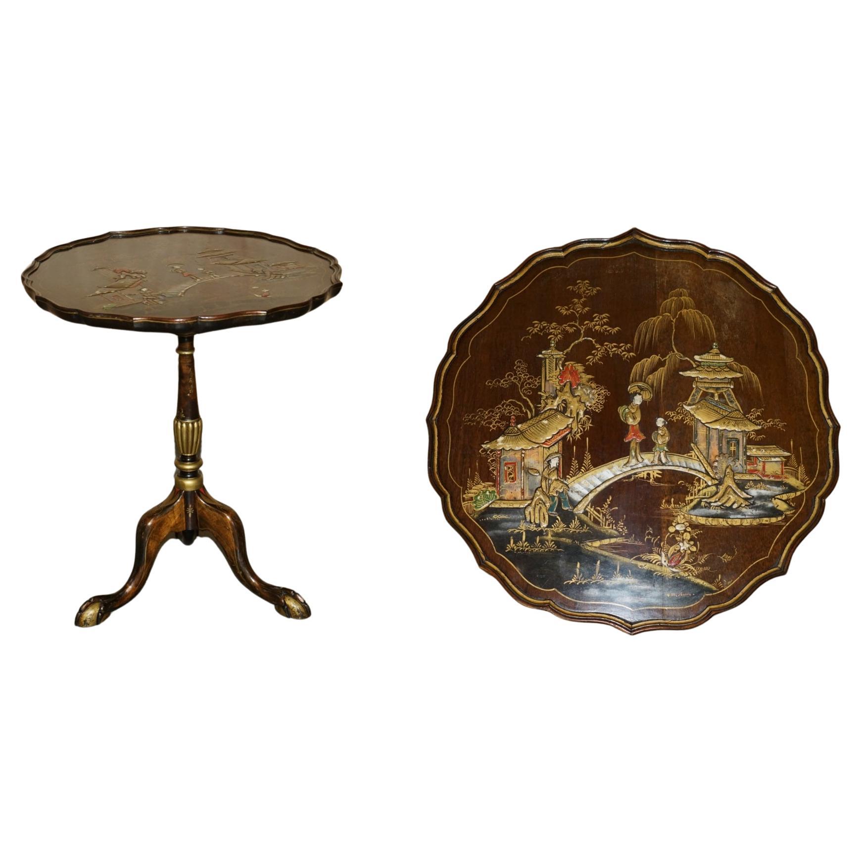 ANTiQUE CIRCA 1900 CHINESE CHINOISERIE TILT TOP SIDE END TABLE CLAW & BALL FEET For Sale