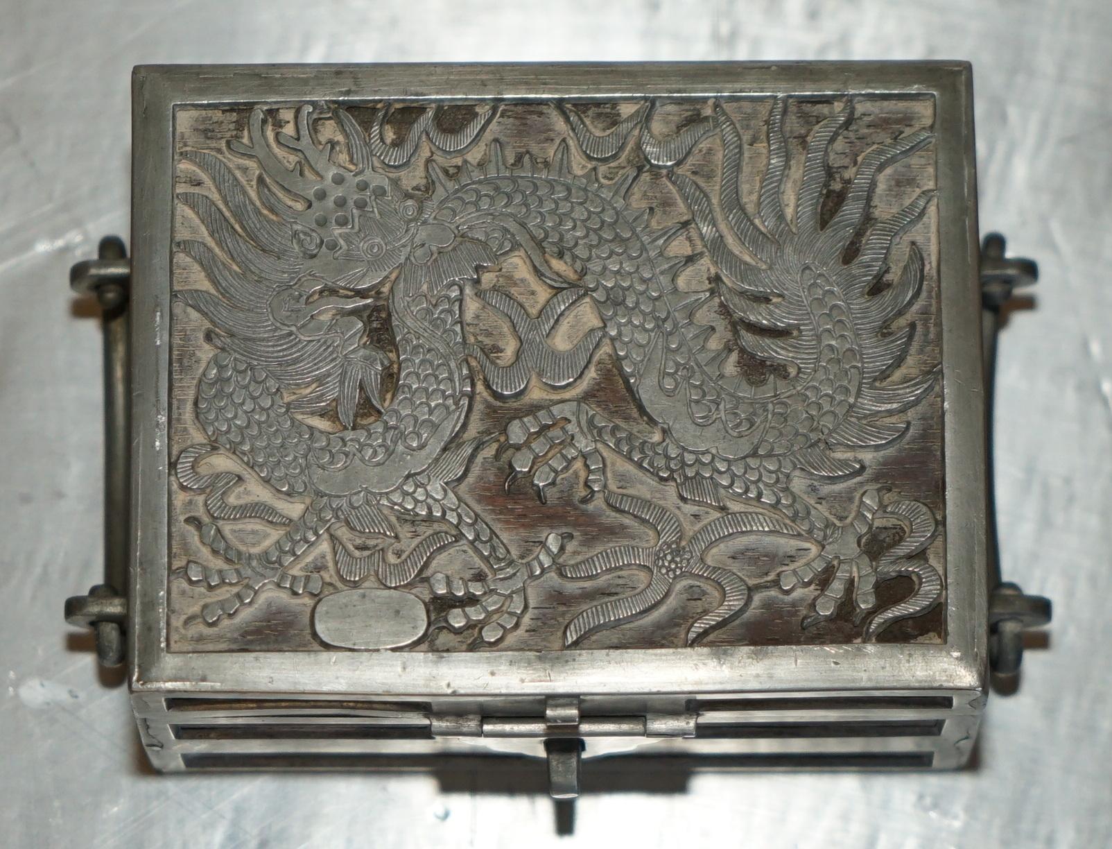 Chinese Export ANTIQUE CiRCA 1900 CHINESE KUT HING PEWTER & WOOD CARVED DRAGON JEWELLERY BOX For Sale