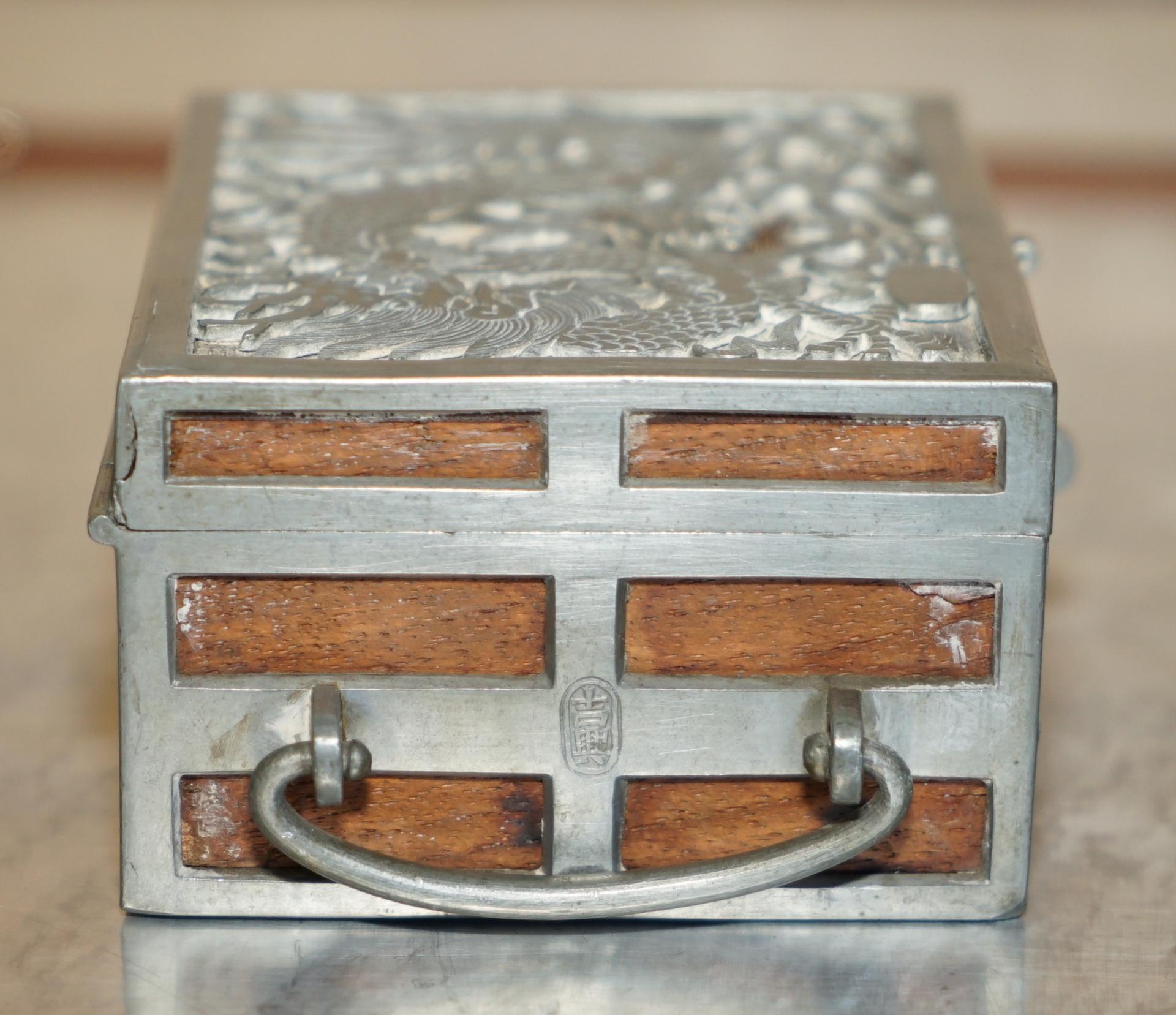Early 20th Century ANTIQUE CiRCA 1900 CHINESE KUT HING PEWTER & WOOD CARVED DRAGON JEWELLERY BOX For Sale
