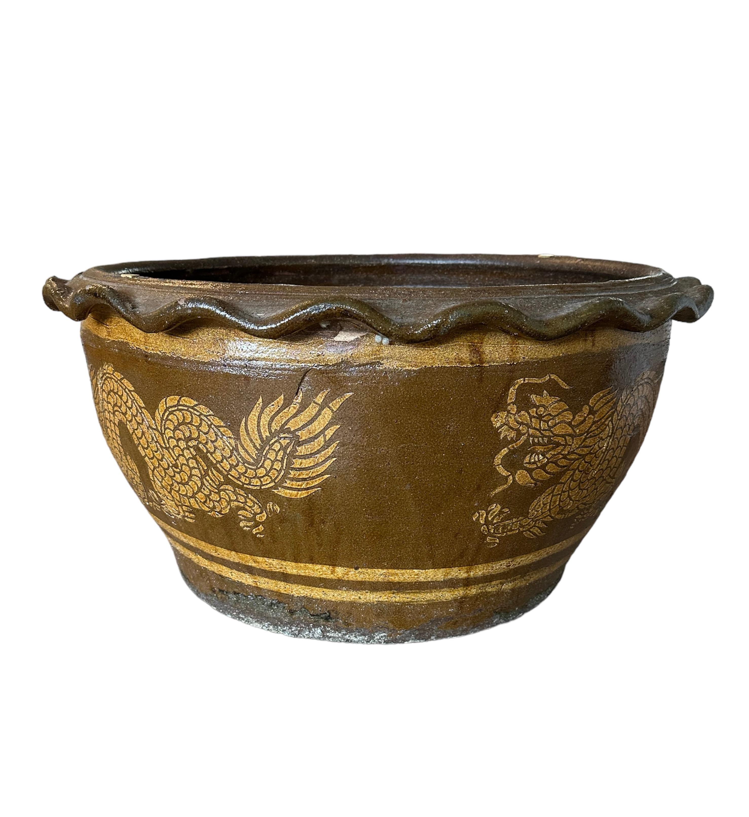 Fired Antique circa 1900 Chinese Very Large Earthenware Dragon Planter  For Sale
