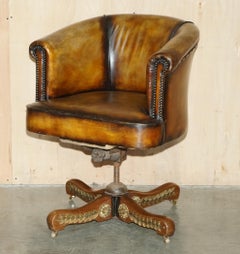ANTiQUE CIRCA 1900 ENGLISH OAK & LEATHER CHESTFIELD OFFICE CHAIR ORNATE ORMOLU