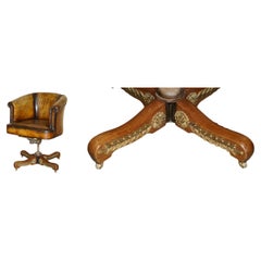 ANTiQUE CIRCA 1900 ENGLISH OAK & LEATHER CHESTFIELD OFFICE CHAIR ORNATE ORMOLU