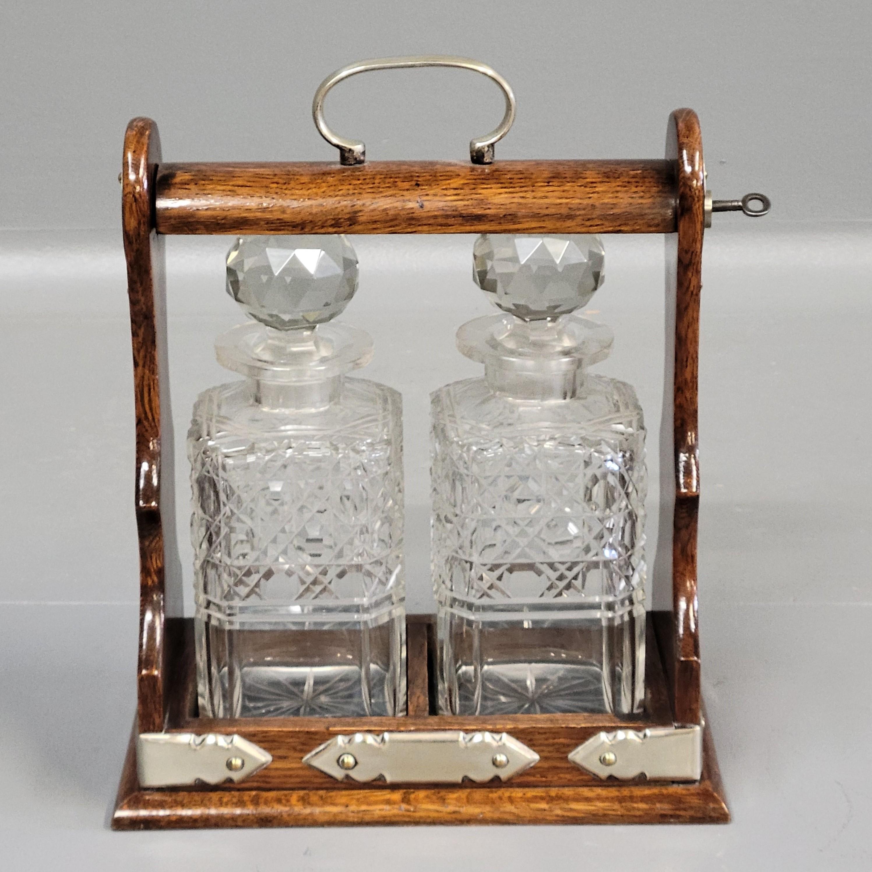 Victorian Antique Circa 1900 English Two Bottle Cut Crystal and Oak Tantalus