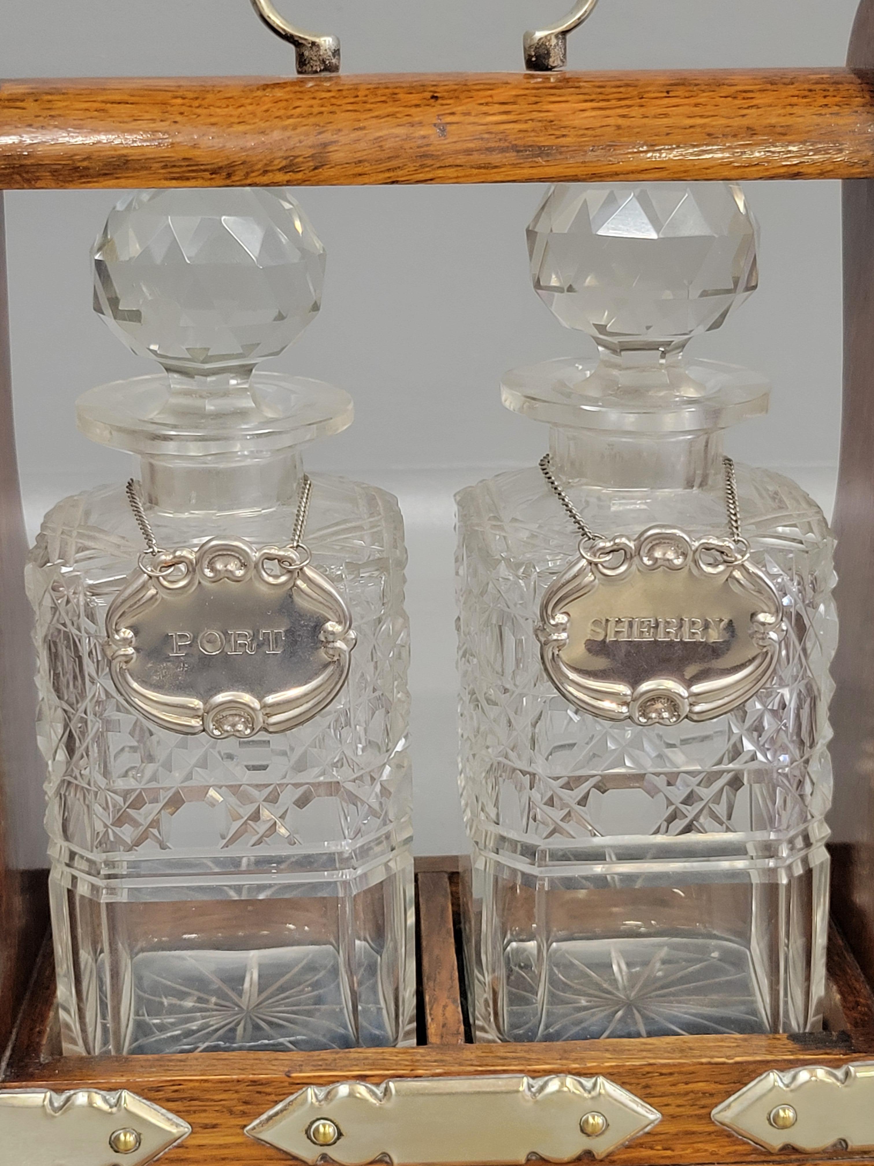 British Antique Circa 1900 English Two Bottle Cut Crystal and Oak Tantalus
