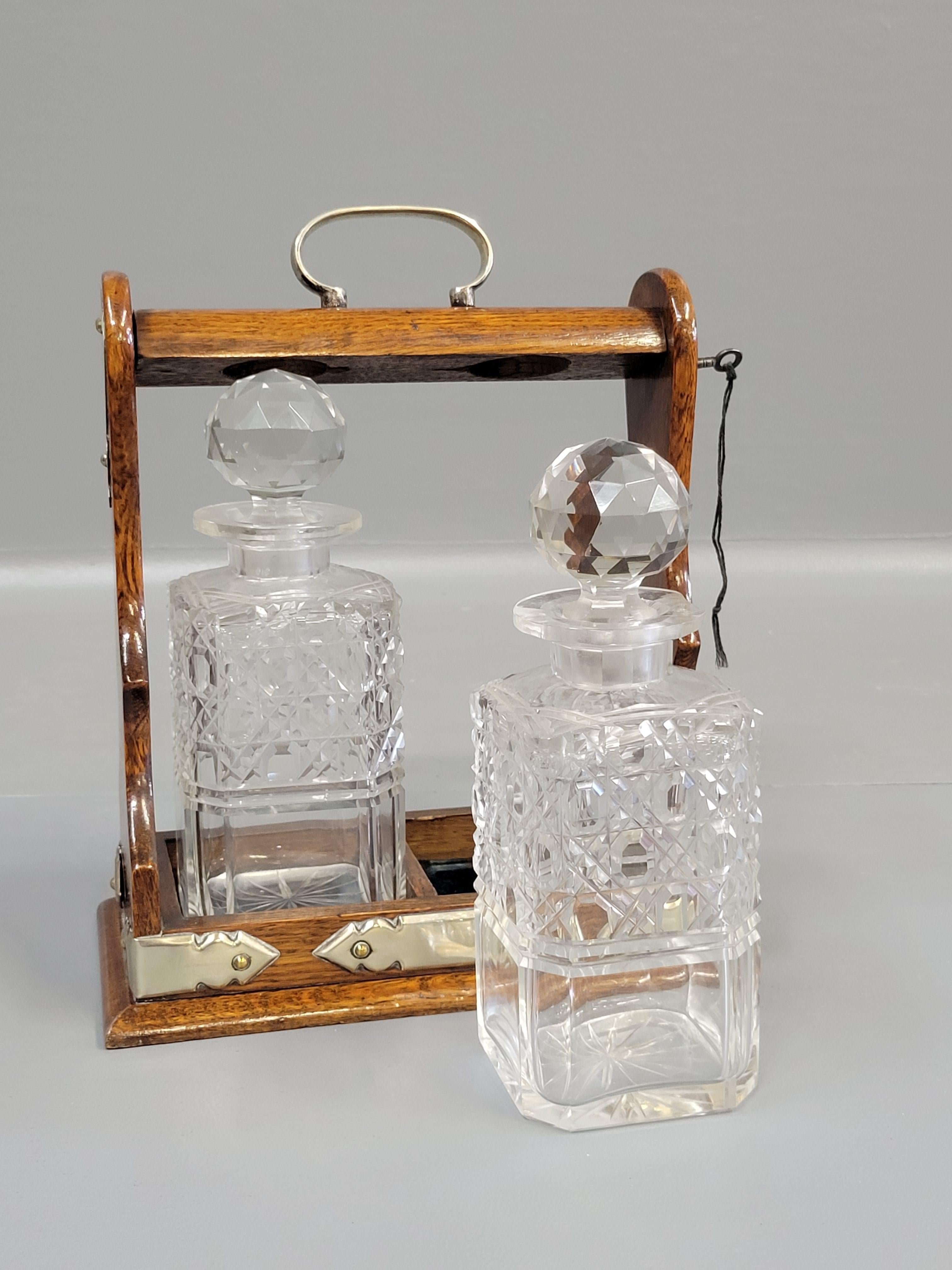 20th Century Antique Circa 1900 English Two Bottle Cut Crystal and Oak Tantalus