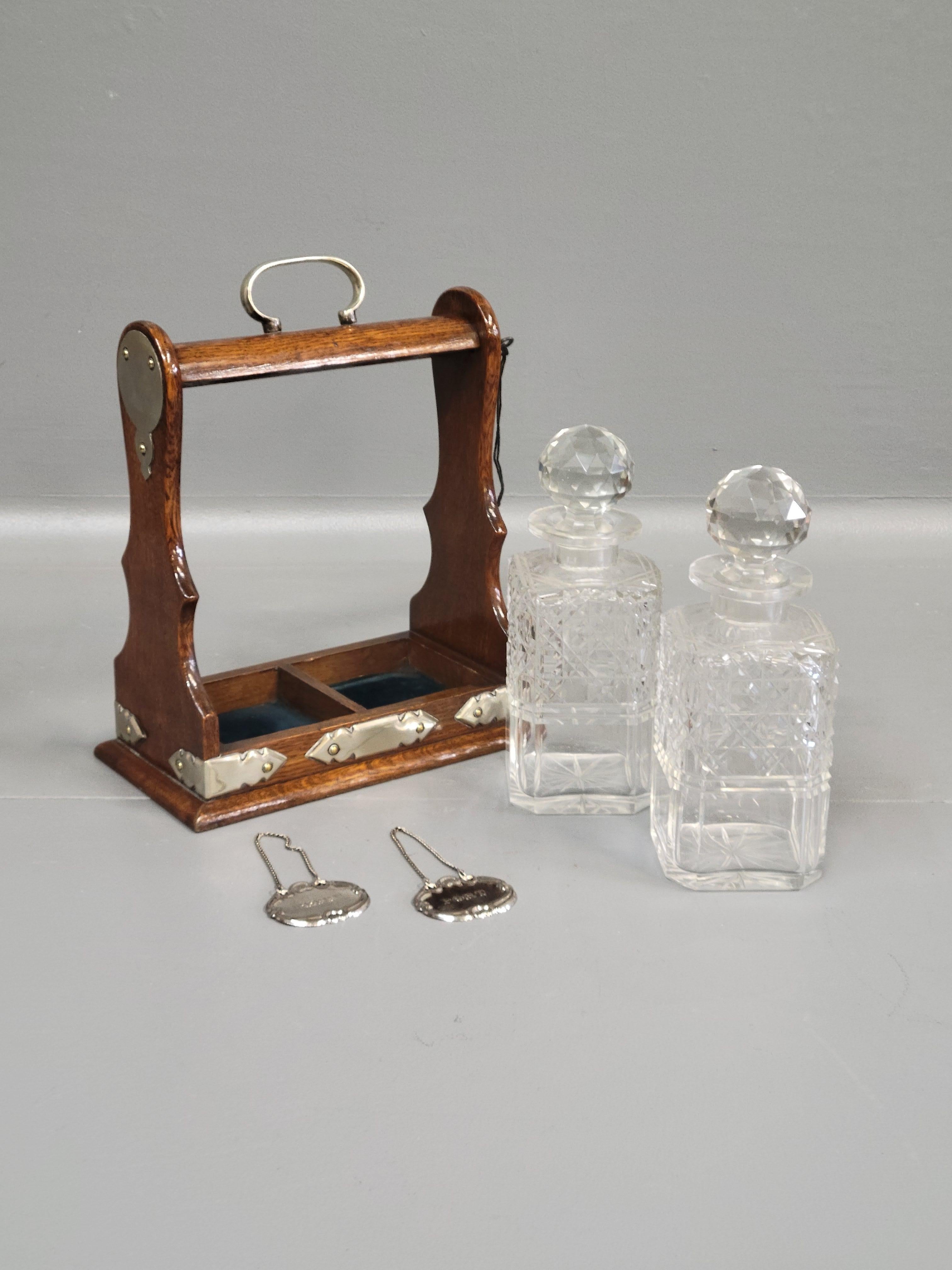 Antique Circa 1900 English Two Bottle Cut Crystal and Oak Tantalus 1