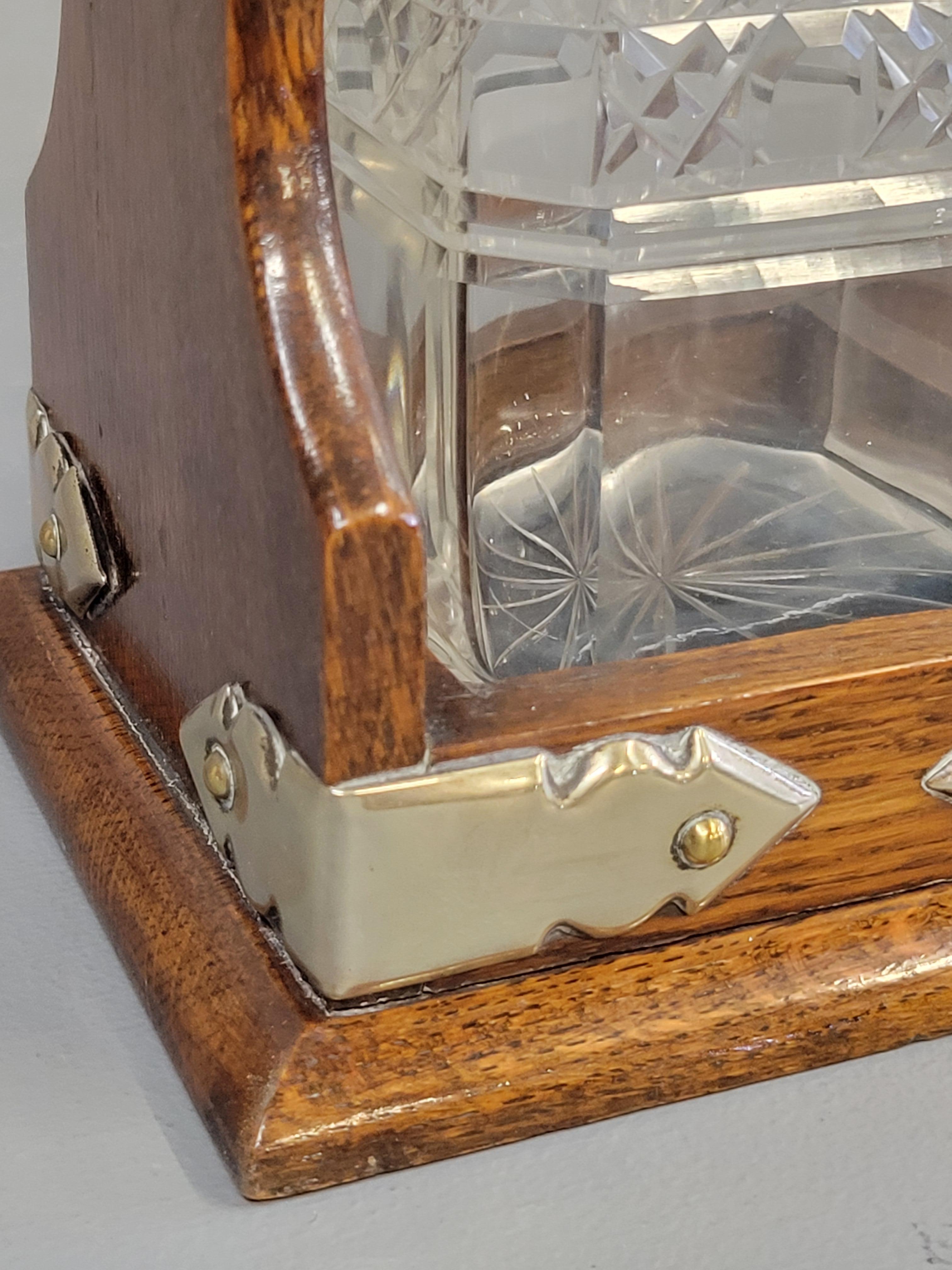 Antique Circa 1900 English Two Bottle Cut Crystal and Oak Tantalus 2