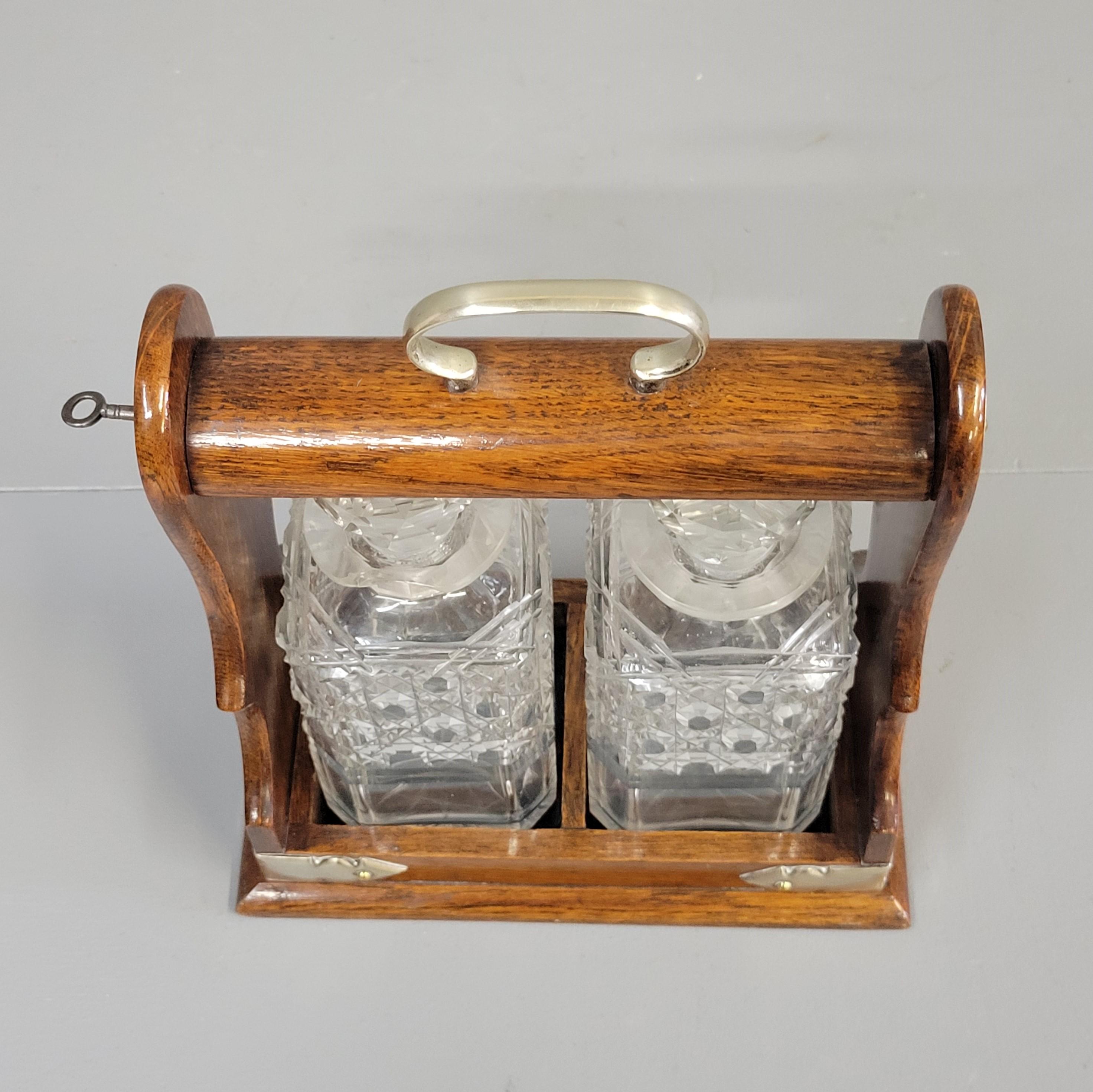 Antique Circa 1900 English Two Bottle Cut Crystal and Oak Tantalus 3