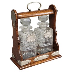 Antique Circa 1900 English Two Bottle Cut Crystal and Oak Tantalus