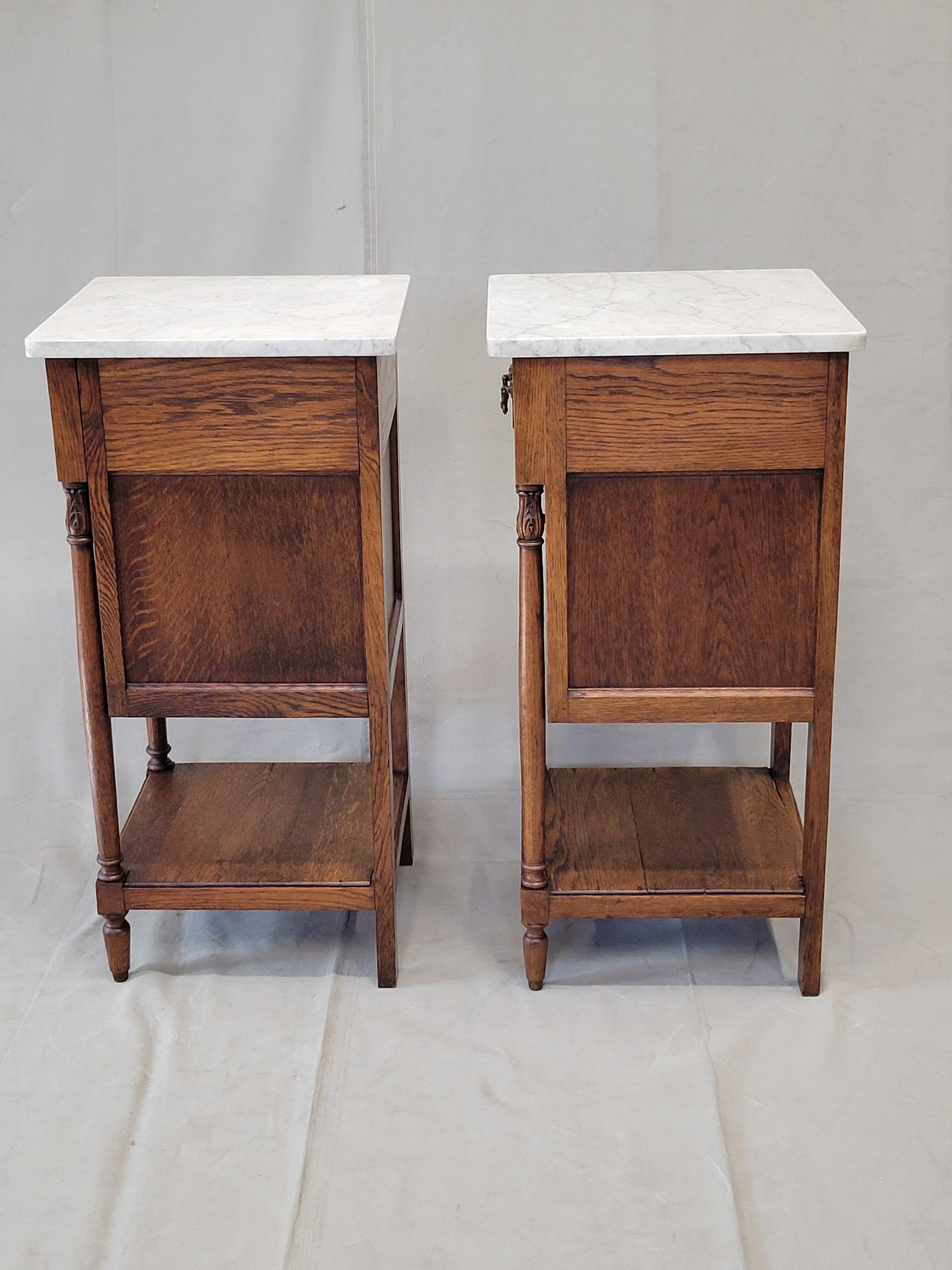 Antique Circa 1900 French Oak Pot Cupboards Nightstands With Carrera Marble Tops 5