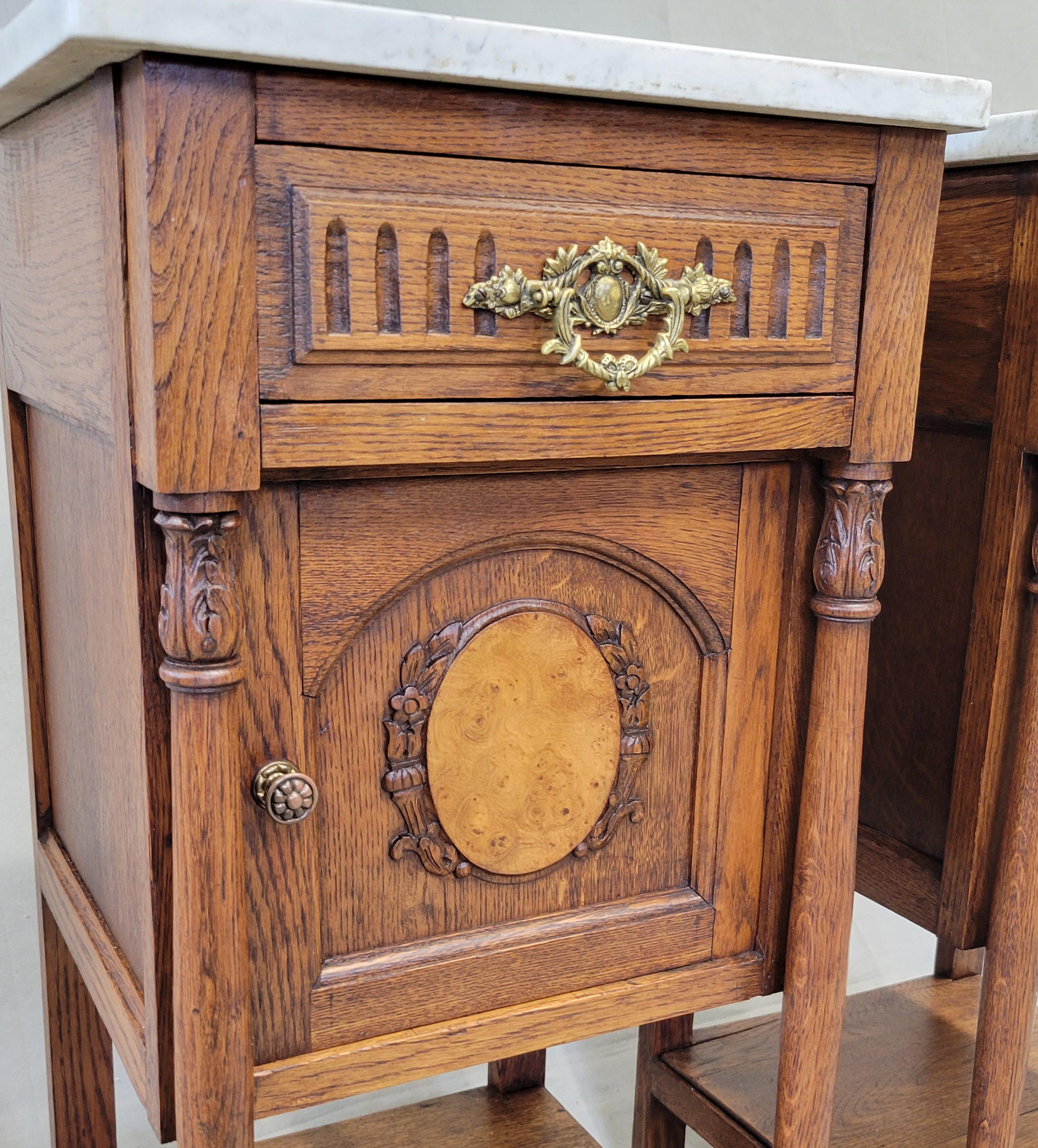 Art Nouveau Antique Circa 1900 French Oak Pot Cupboards Nightstands With Carrera Marble Tops