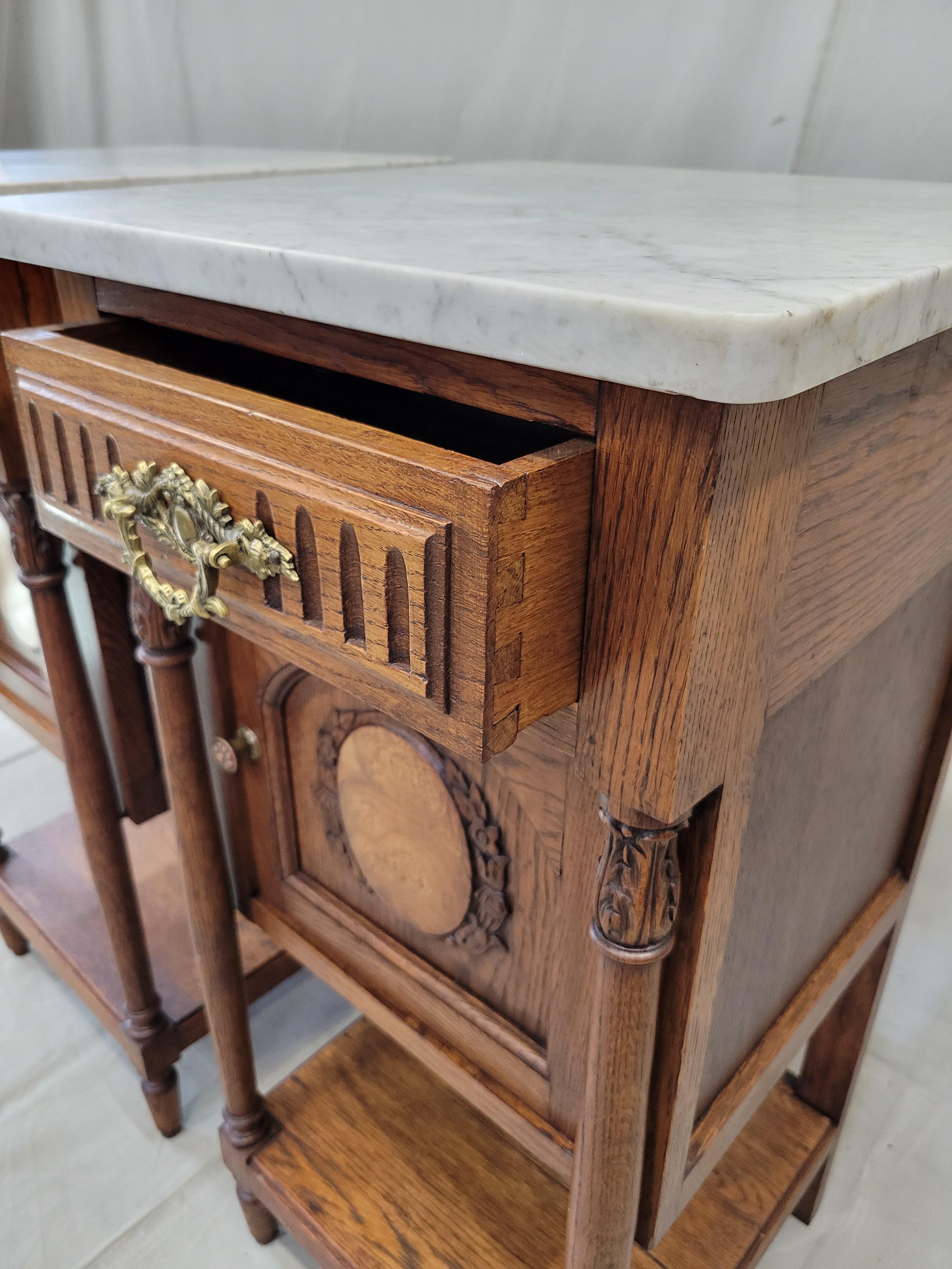 Hand-Crafted Antique Circa 1900 French Oak Pot Cupboards Nightstands With Carrera Marble Tops