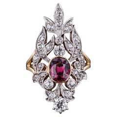 Antico anello con diamante e rubino da 1,12 carati certificato GIA, oro 14k, circa 1900