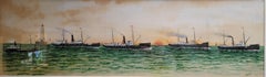 Antique Circa 1900 Gouache Painting of Great Lakes Lighthouse Steamships, signed