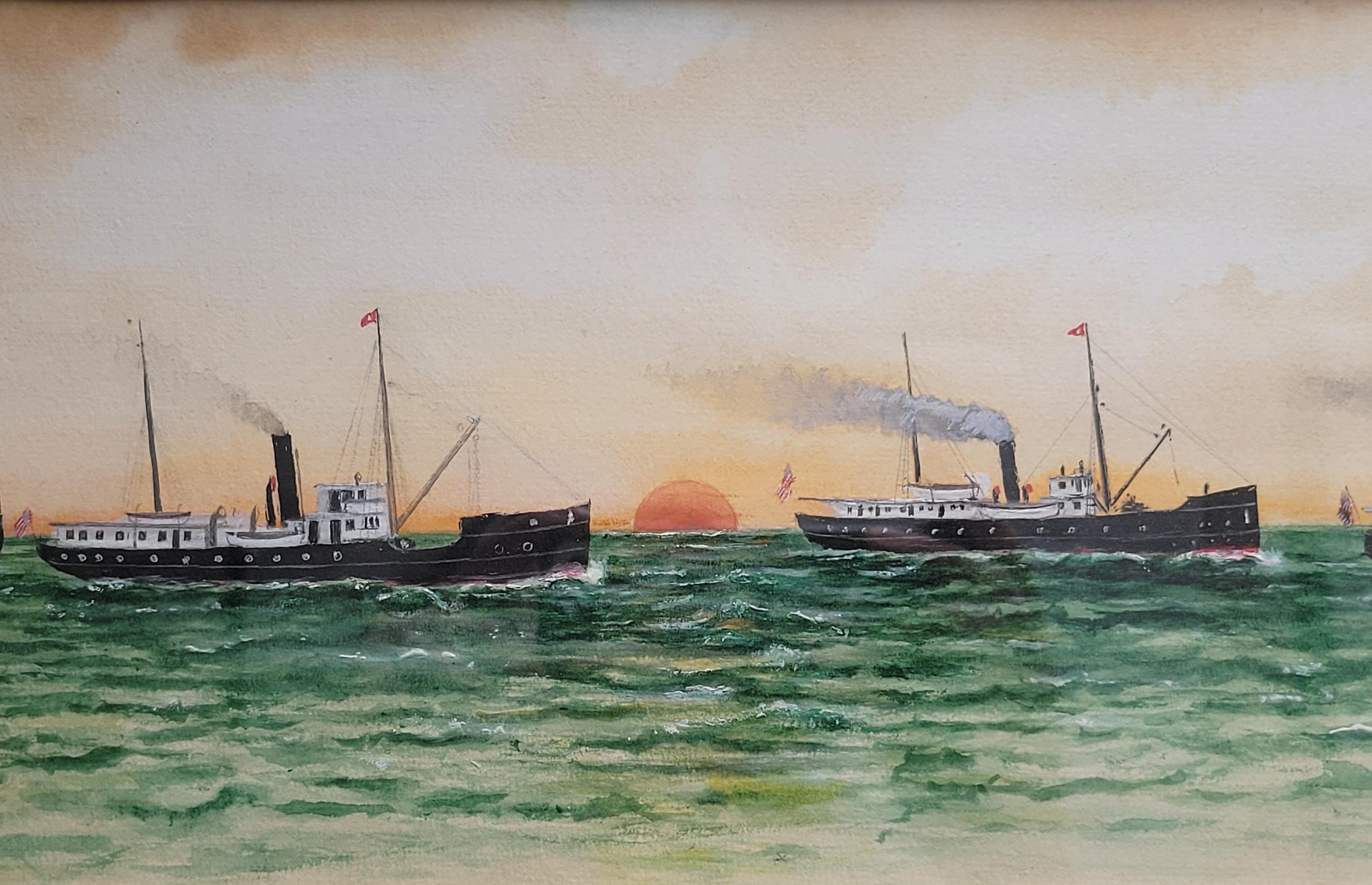 American Antique Circa 1900 Gouache Painting of Great Lakes Lighthouse Steamships, signed For Sale