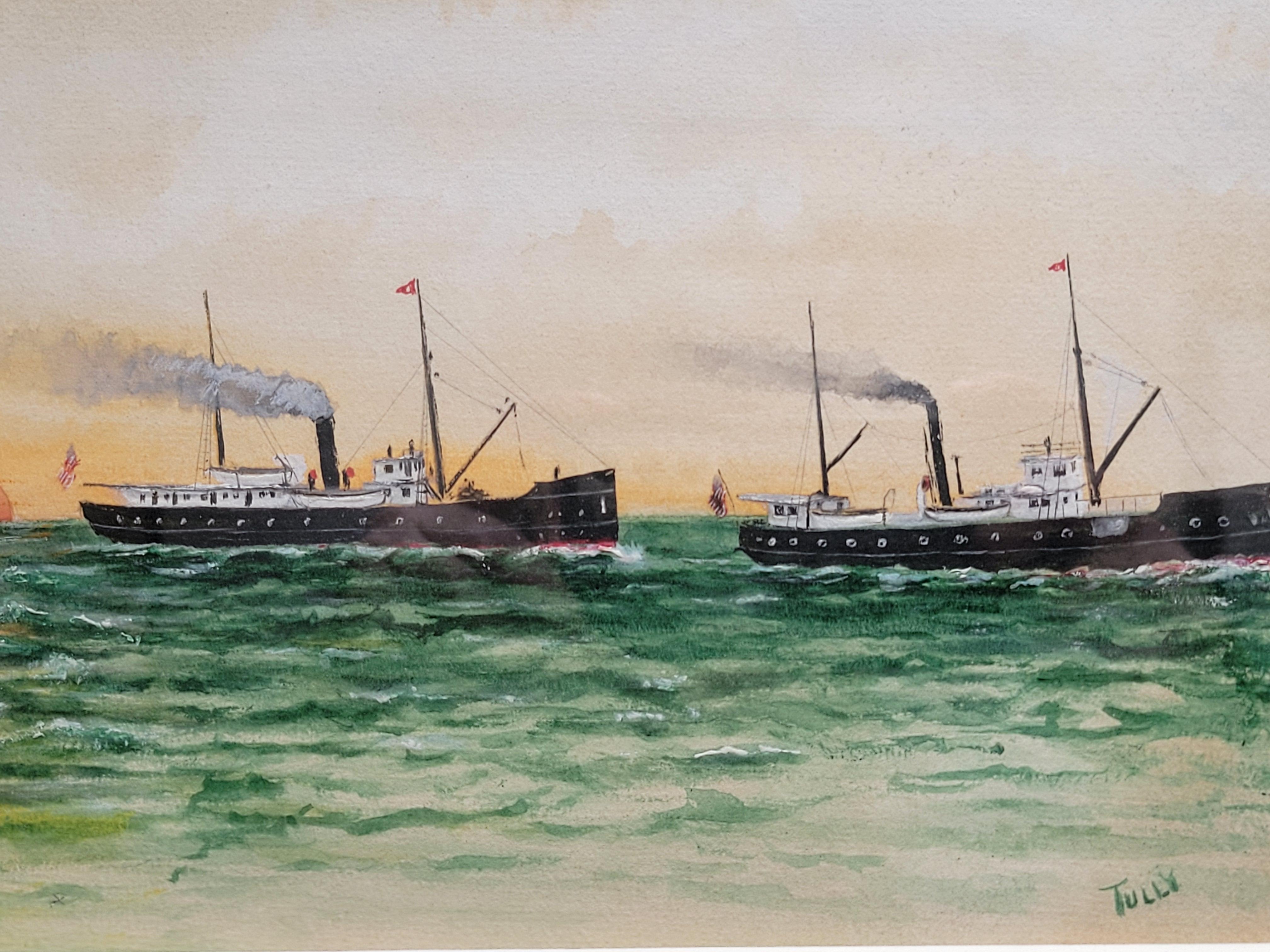 Hand-Painted Antique Circa 1900 Gouache Painting of Great Lakes Lighthouse Steamships, signed For Sale