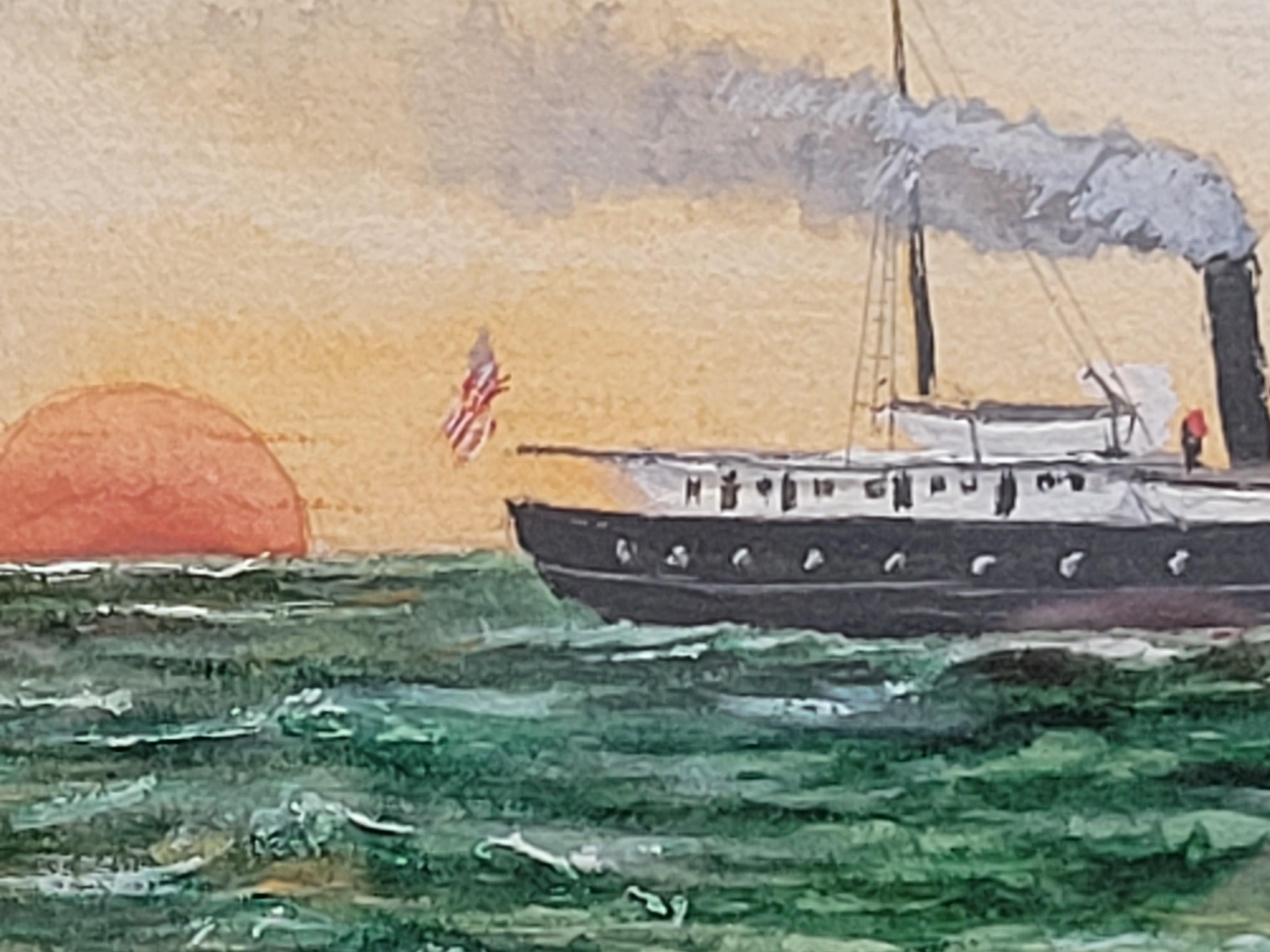 20th Century Antique Circa 1900 Gouache Painting of Great Lakes Lighthouse Steamships, signed For Sale
