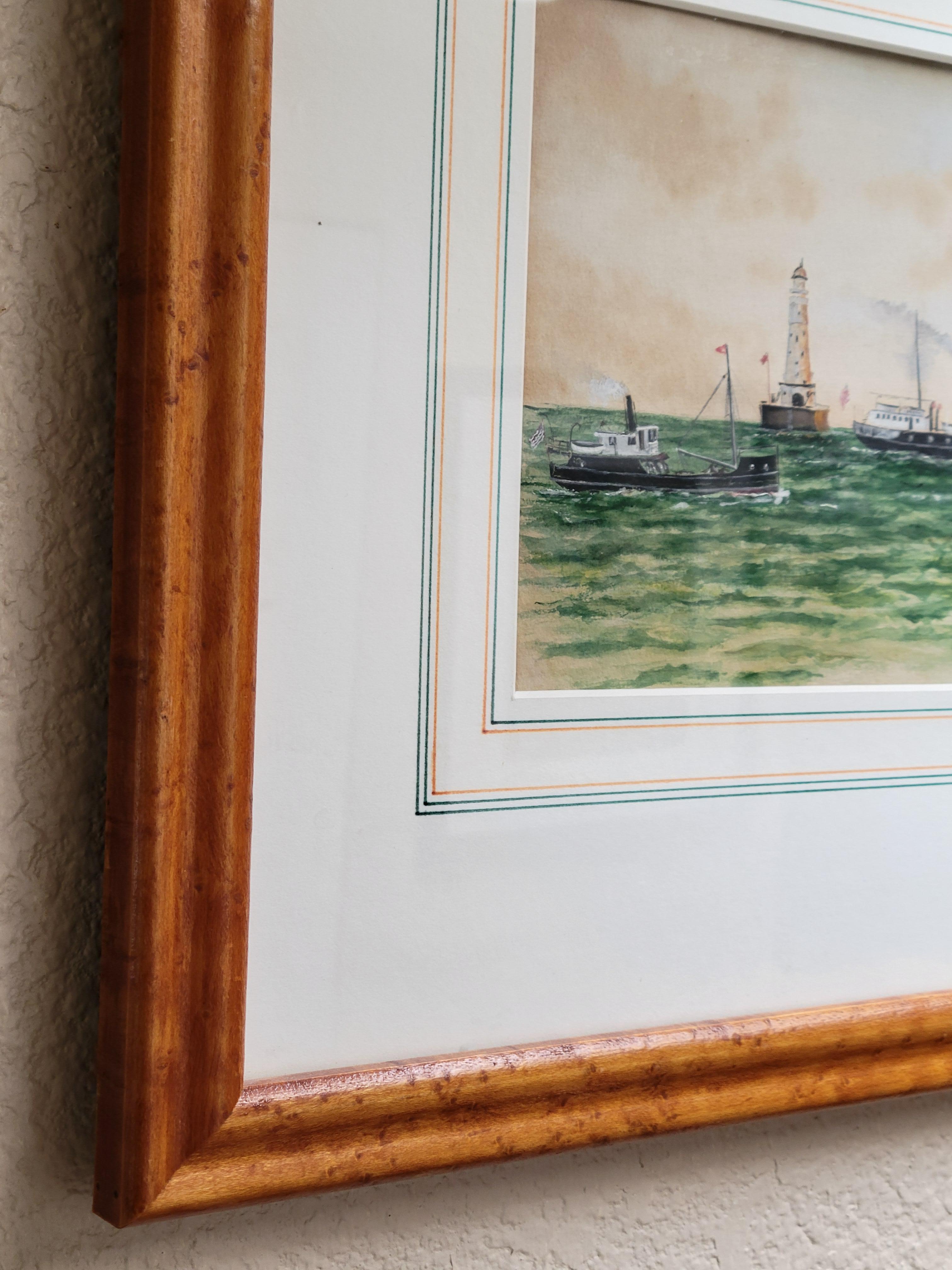 Glass Antique Circa 1900 Gouache Painting of Great Lakes Lighthouse Steamships, signed For Sale
