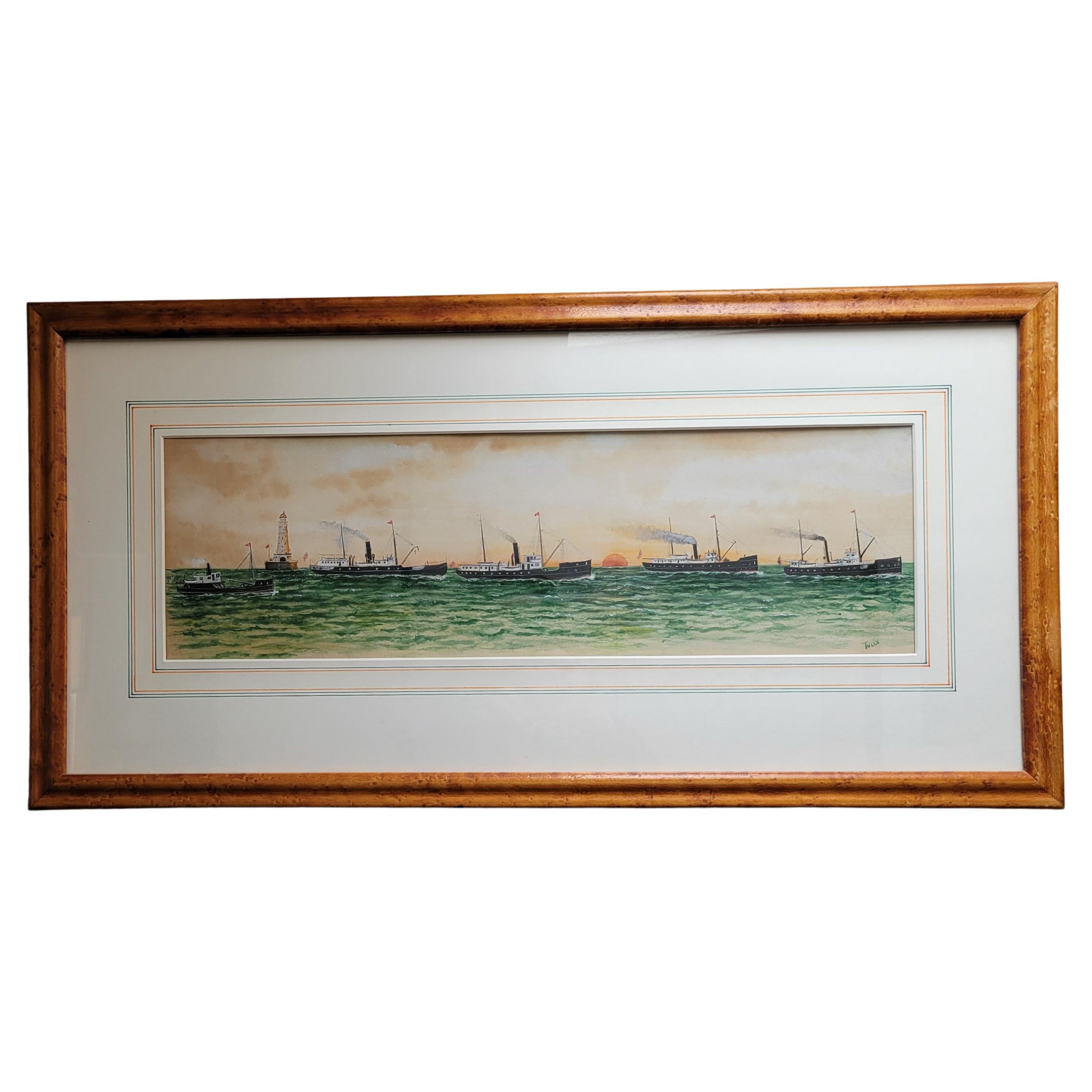 Antique Circa 1900 Gouache Painting of Great Lakes Lighthouse Steamships, signed