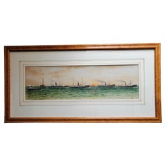 Antikes Gouache-Gemälde von Great Lakes Lighthouse-Dampfschiffen aus der Zeit um 1900, signiert