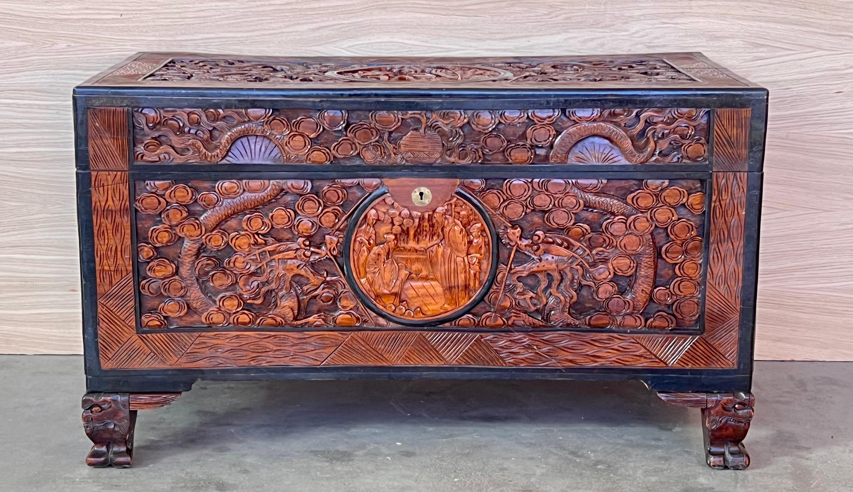 1900’s Chinese export Camphor wood travelling chest which has been ornately carved throughout   A good looking and well made piece, this is a medium size, ideal for storage linens or using as a footstool or coffee table. The carving is very detailed