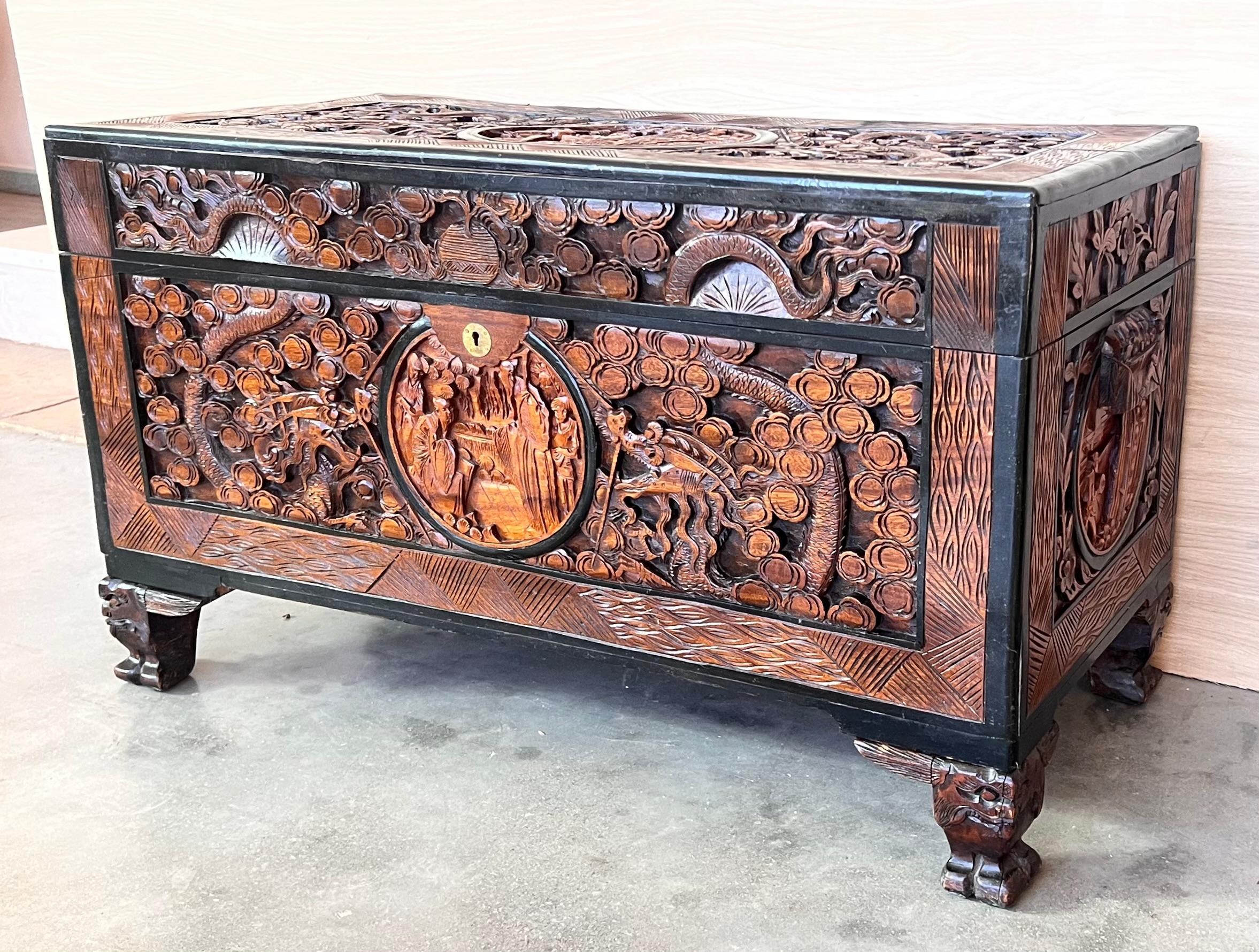 Chinese Export Antique circa 1900 Hand Carved Chinese Camphor Wood Travelling Trunk  For Sale