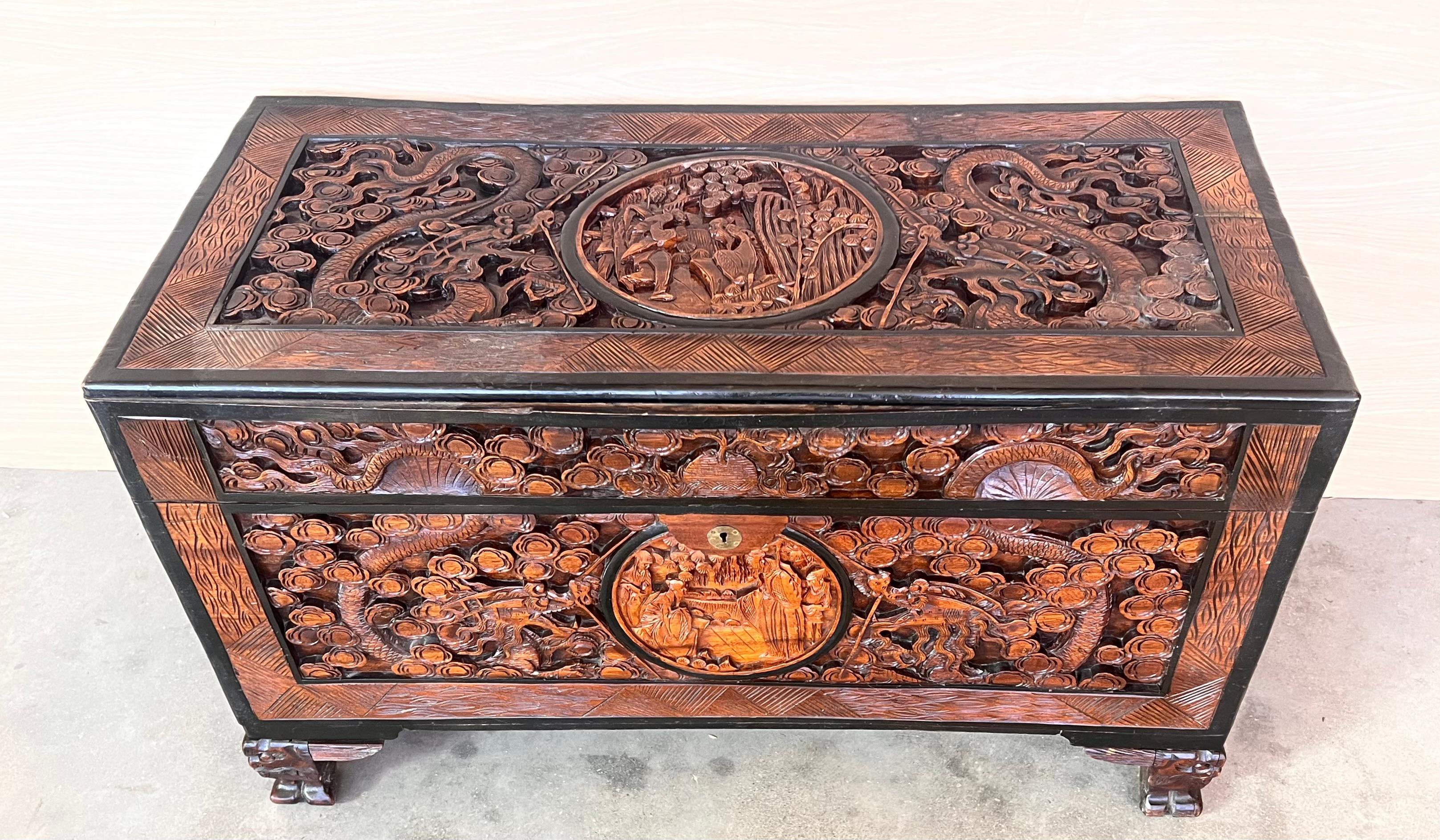 Antique circa 1900 Hand Carved Chinese Camphor Wood Travelling Trunk  In Good Condition For Sale In Miami, FL