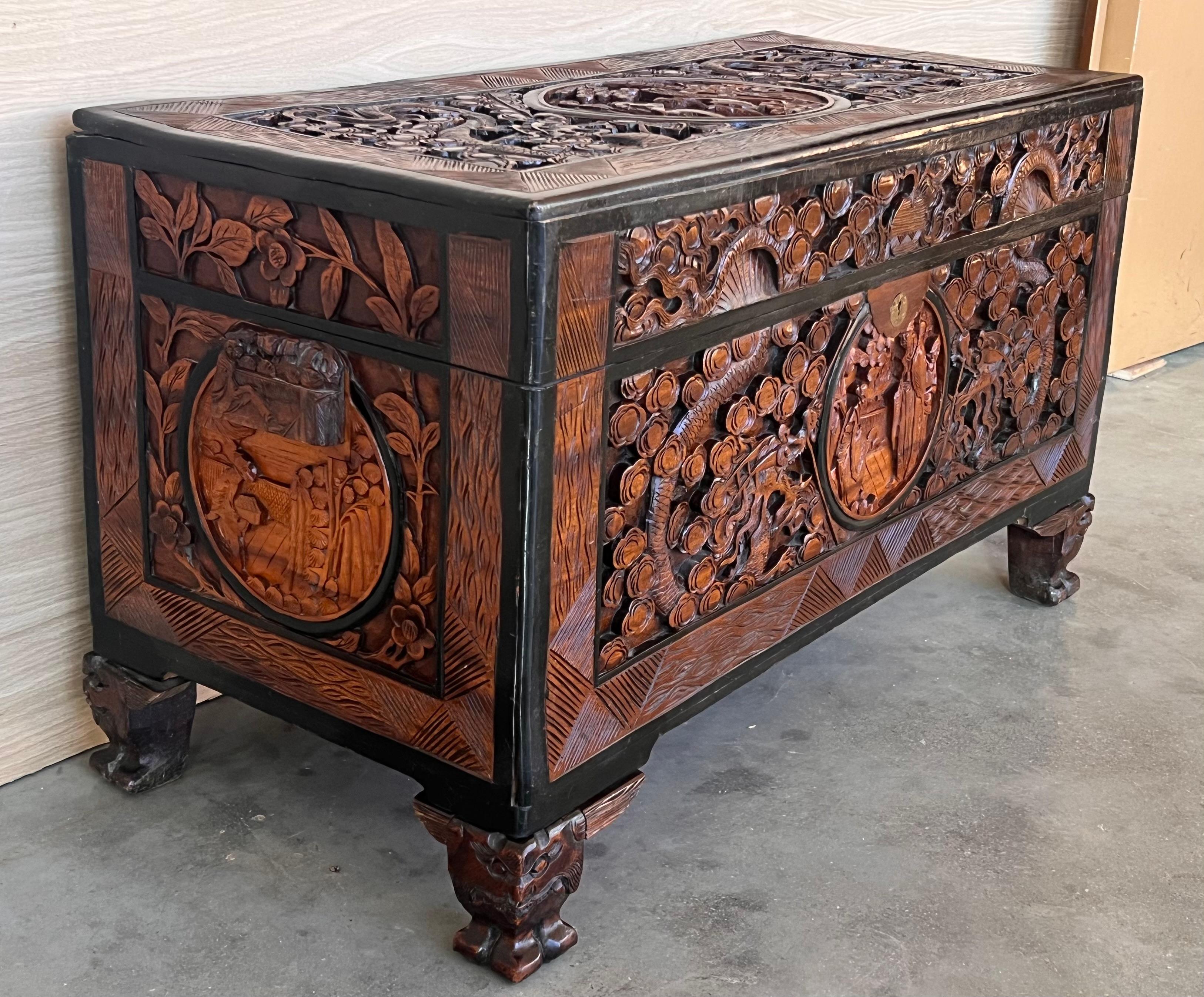 20th Century Antique circa 1900 Hand Carved Chinese Camphor Wood Travelling Trunk  For Sale