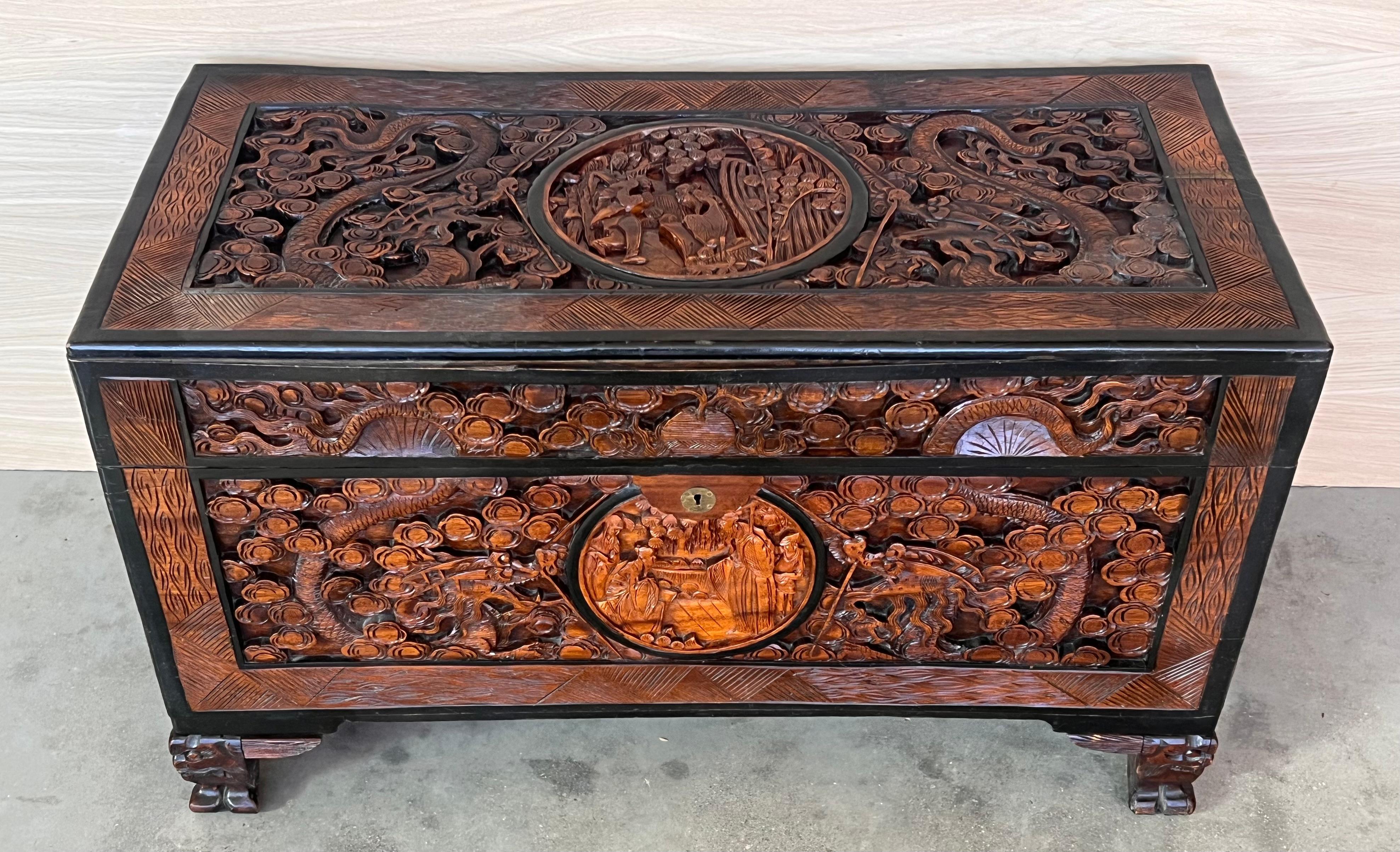 Antique circa 1900 Hand Carved Chinese Camphor Wood Travelling Trunk  For Sale 1