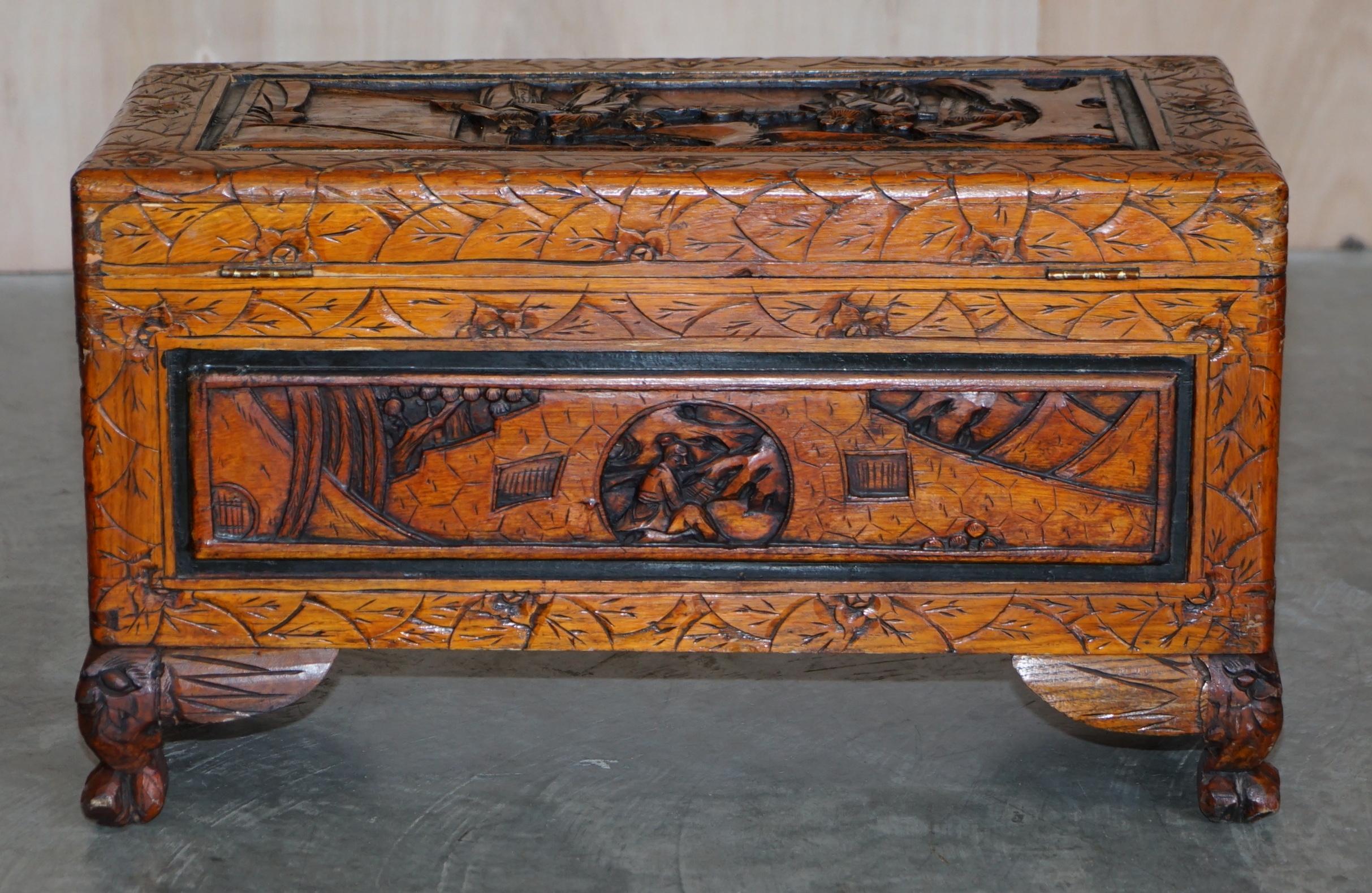 Antique circa 1900 Hand Carved Chinese Camphor Wood Travelling Trunk Nice Finish For Sale 3