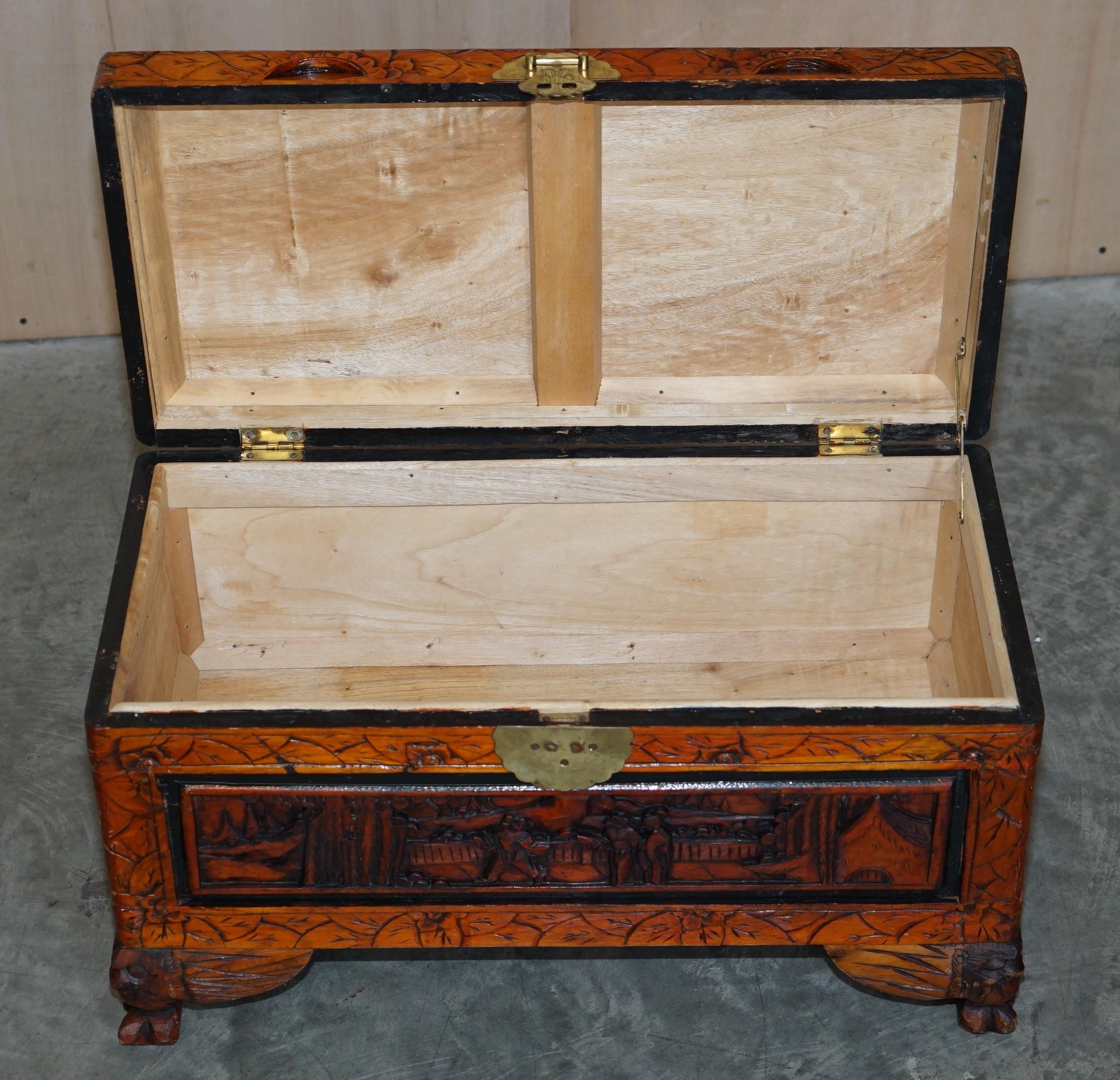 Antique circa 1900 Hand Carved Chinese Camphor Wood Travelling Trunk Nice Finish For Sale 6