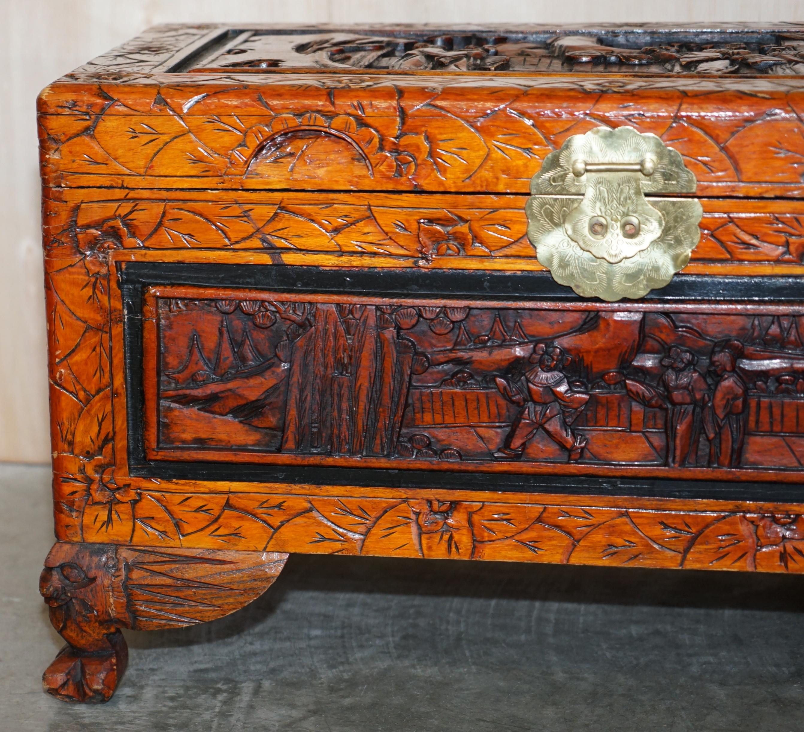 Hand-Crafted Antique circa 1900 Hand Carved Chinese Camphor Wood Travelling Trunk Nice Finish For Sale