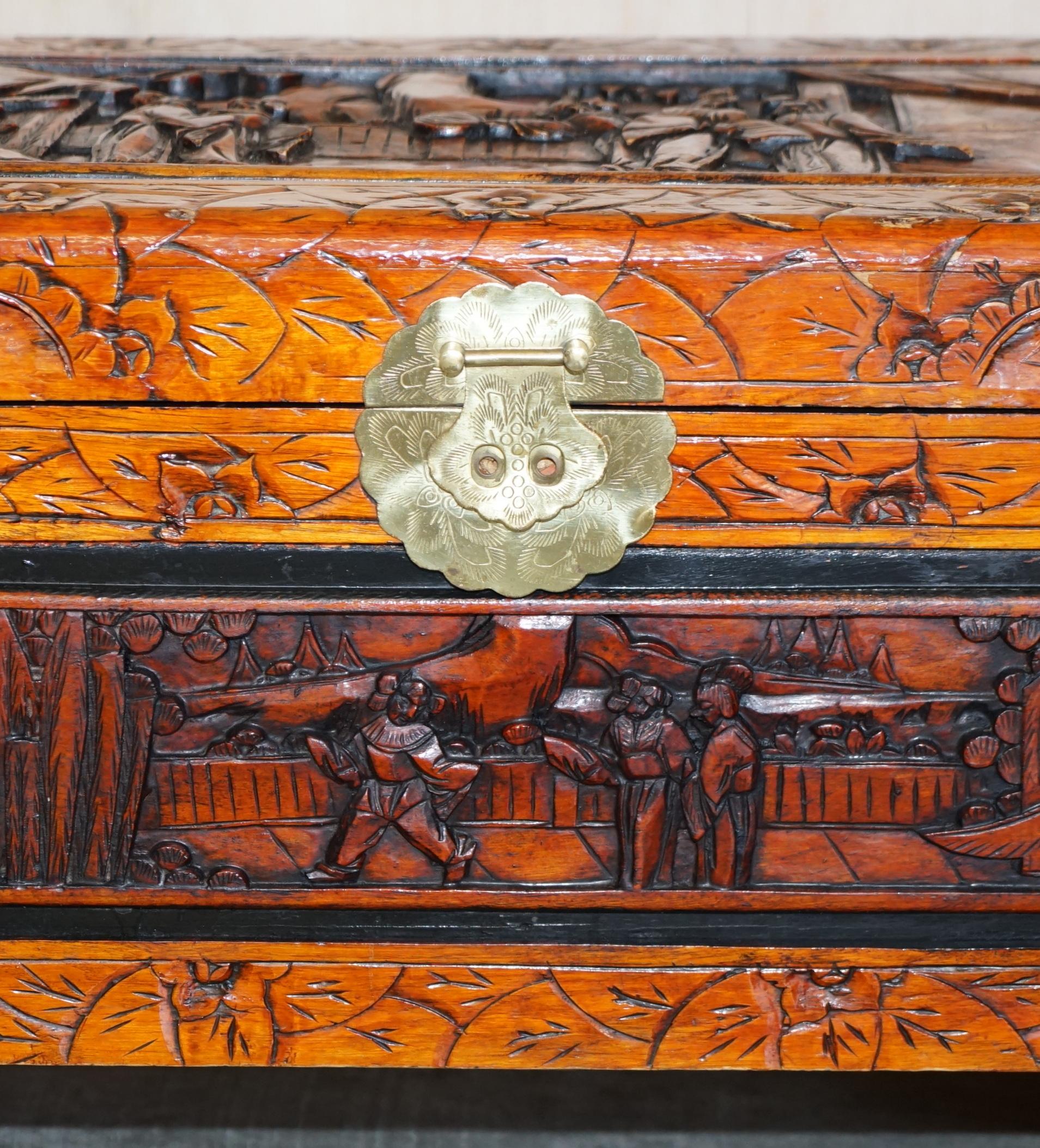 Early 20th Century Antique circa 1900 Hand Carved Chinese Camphor Wood Travelling Trunk Nice Finish For Sale