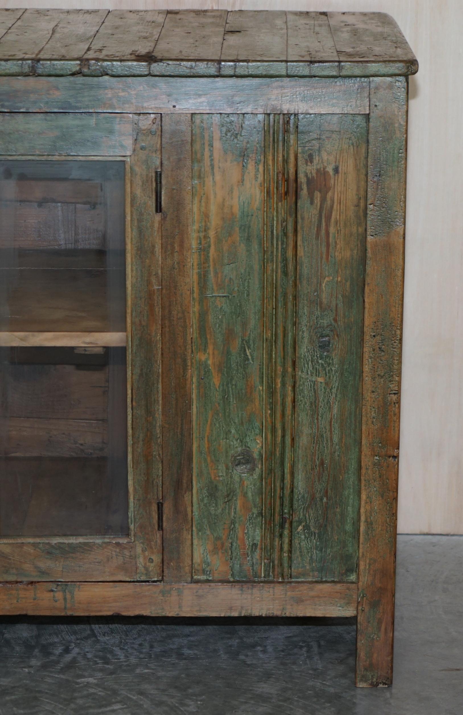 Antique circa 1900 Hand Painted Green Distressed Sideboard Cupboard Cabinet 3