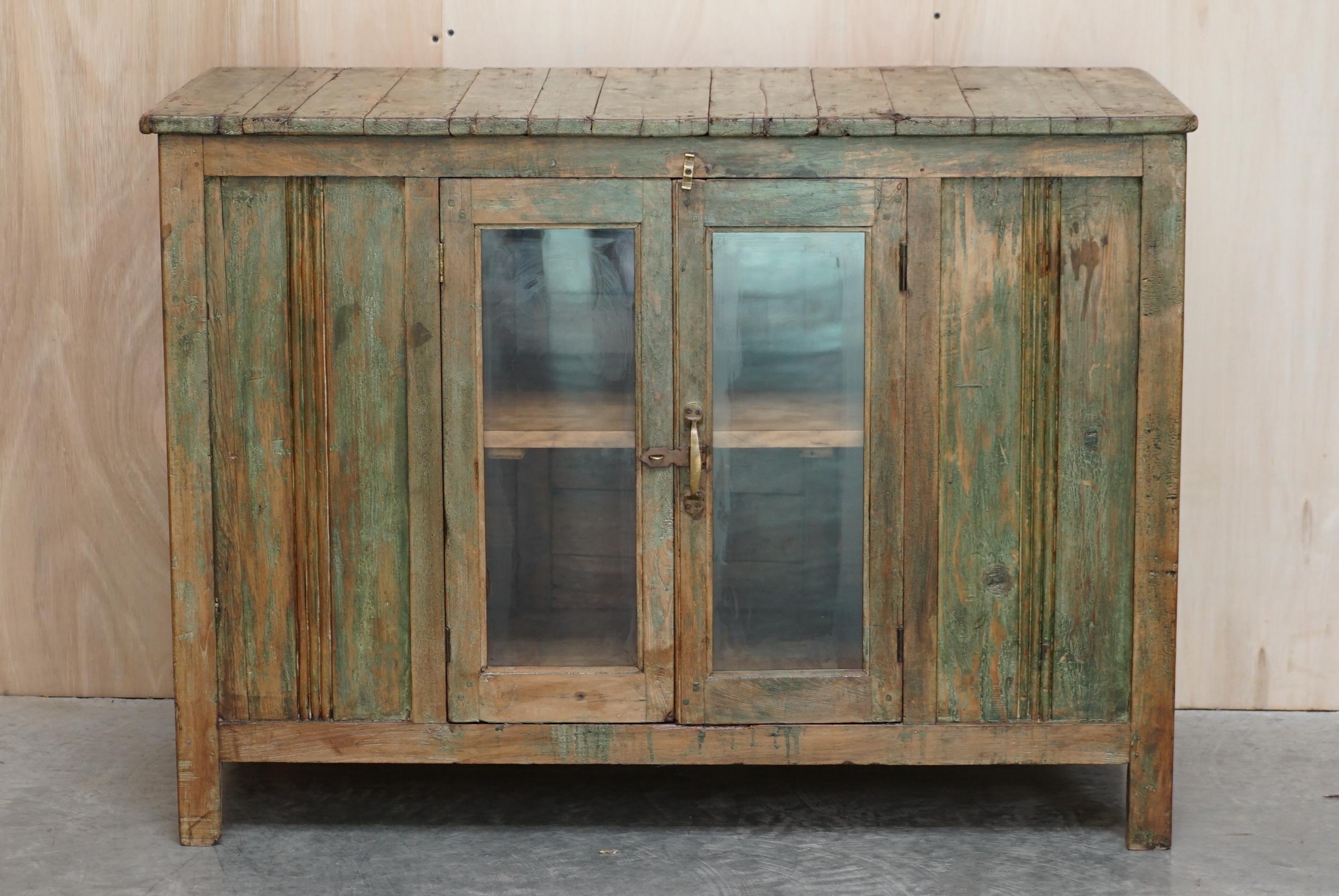 Anglo-Indian Antique circa 1900 Hand Painted Green Distressed Sideboard Cupboard Cabinet