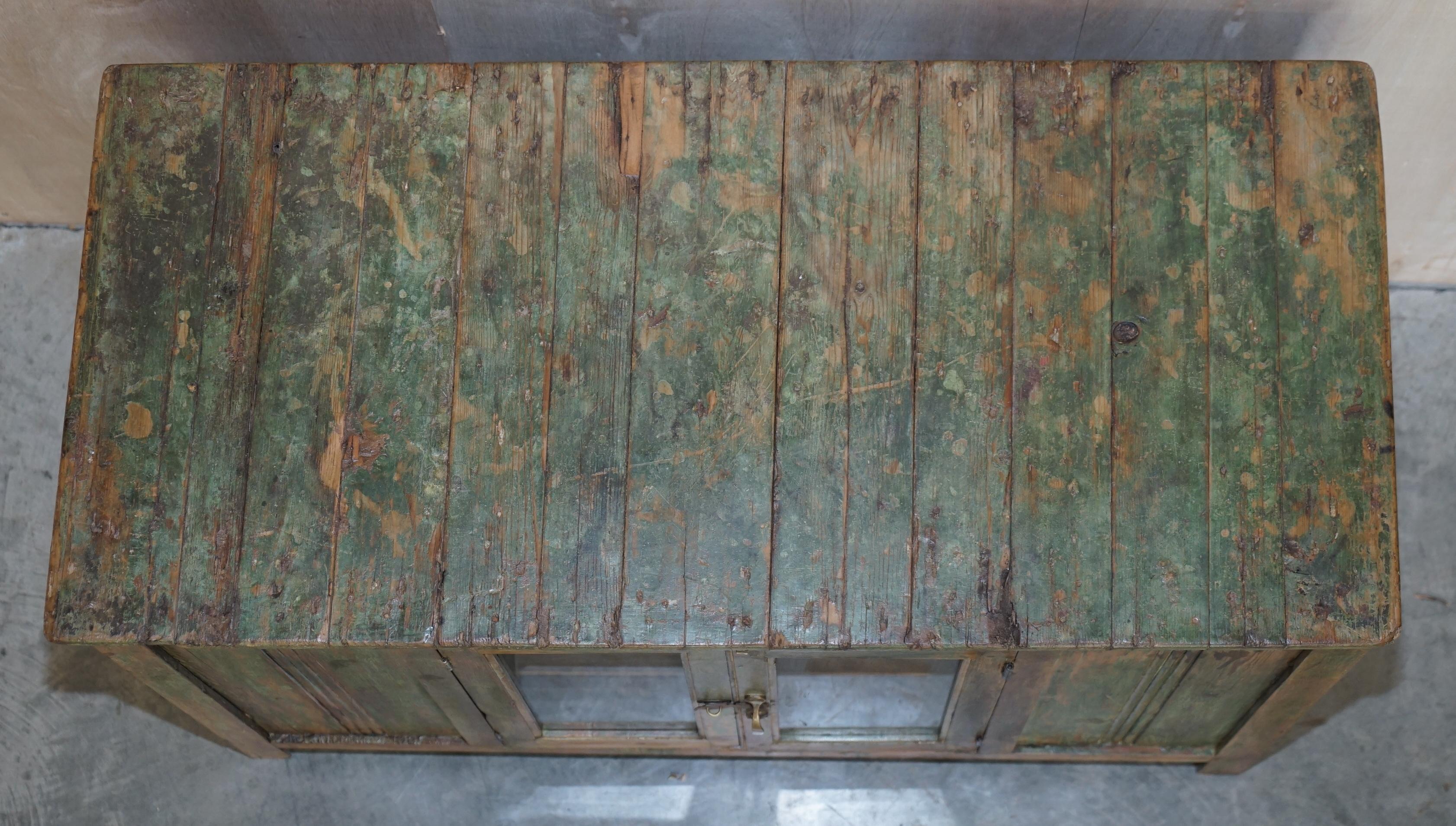 Indian Antique circa 1900 Hand Painted Green Distressed Sideboard Cupboard Cabinet