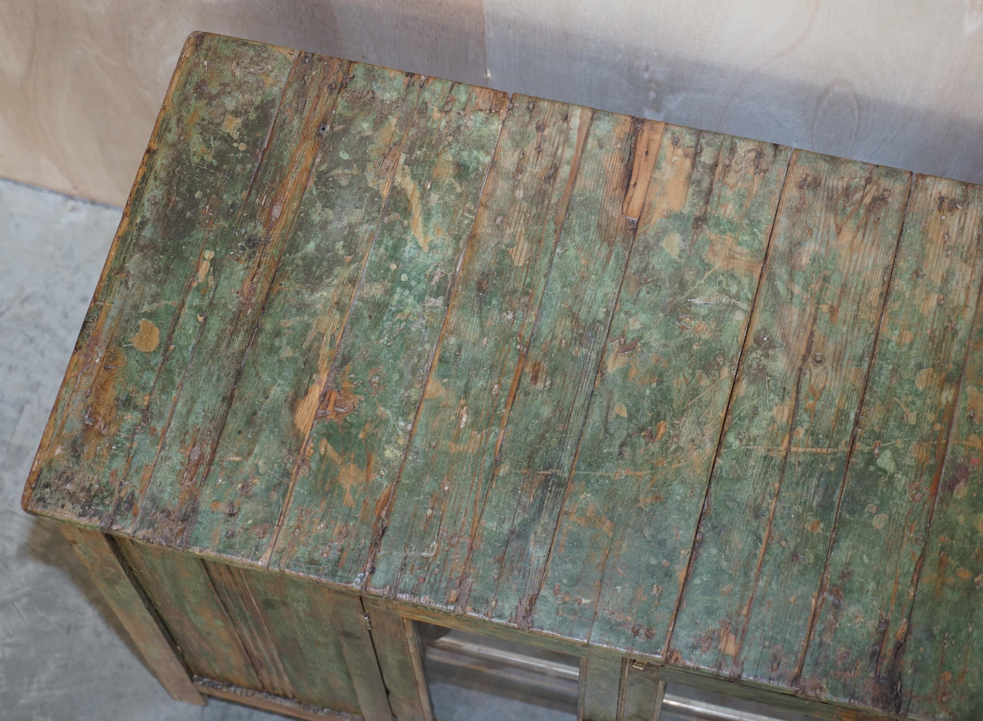 Hand-Painted Antique circa 1900 Hand Painted Green Distressed Sideboard Cupboard Cabinet