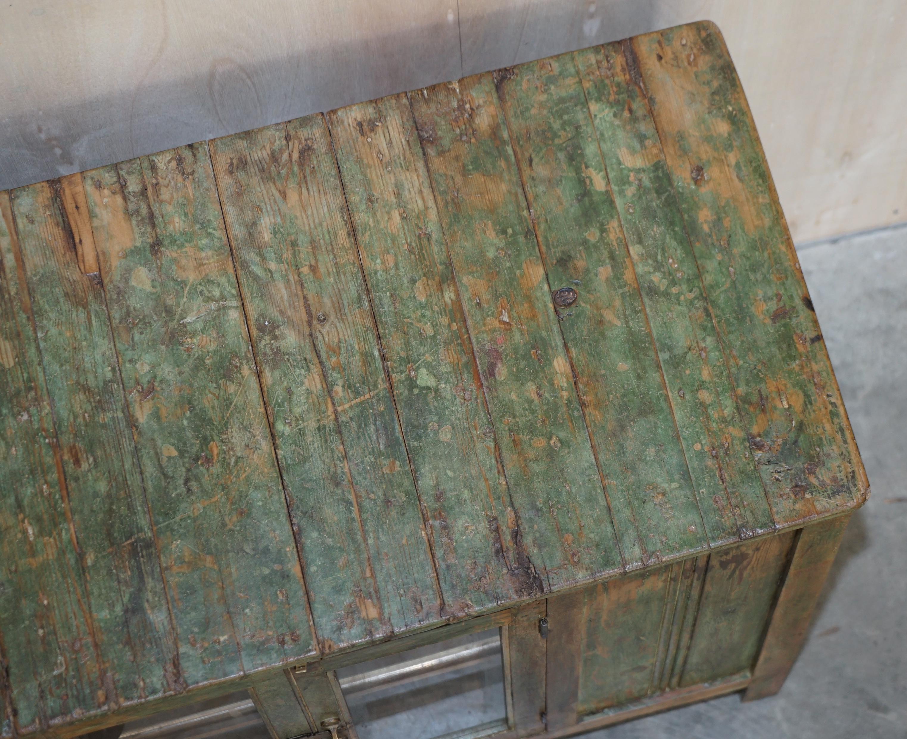 Hardwood Antique circa 1900 Hand Painted Green Distressed Sideboard Cupboard Cabinet