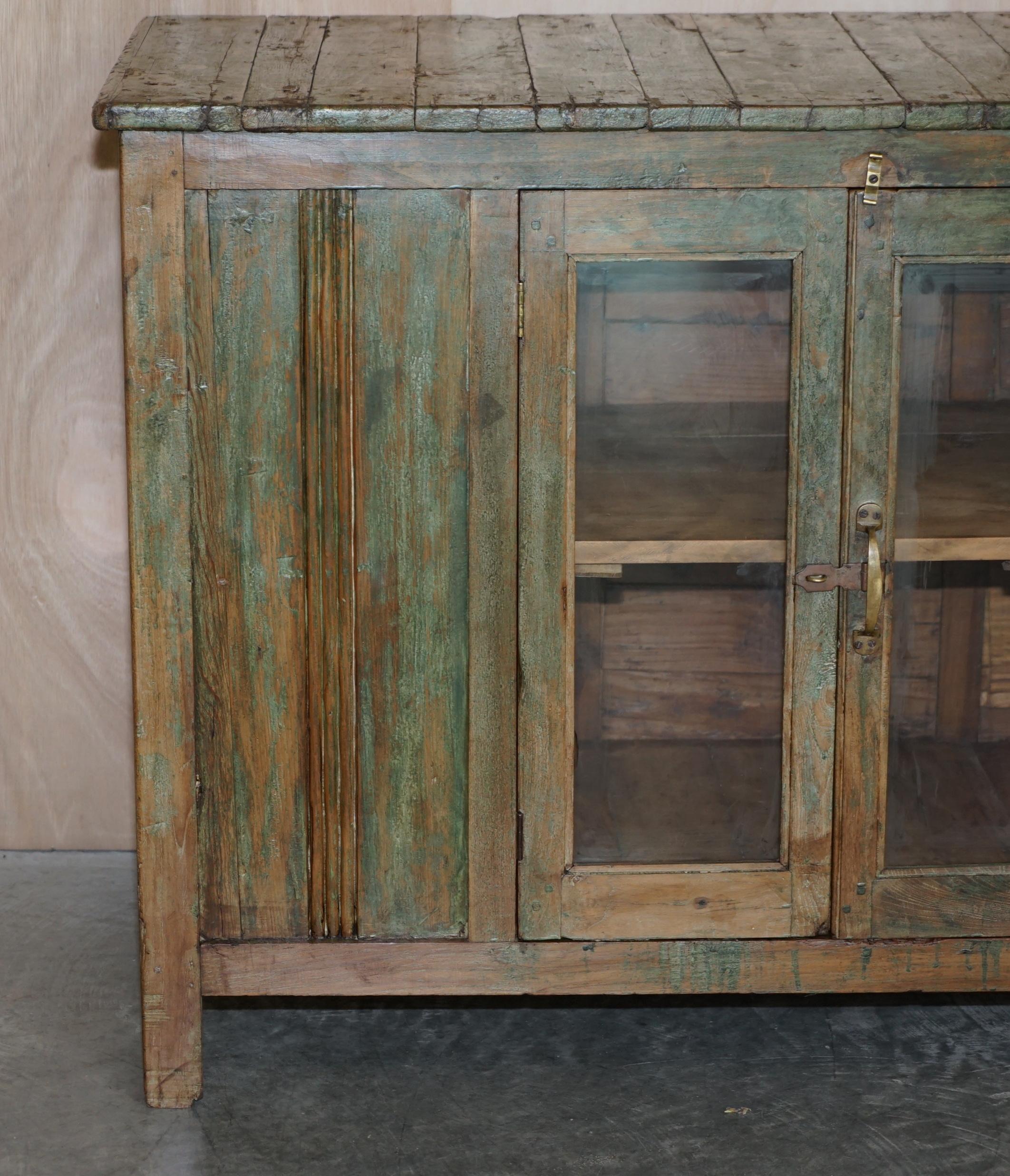 Antique circa 1900 Hand Painted Green Distressed Sideboard Cupboard Cabinet 1