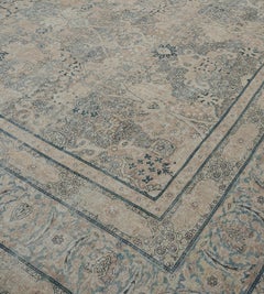Antique Circa-1900 Hand-Woven Wool Blue and Ivory Floral Persian Kerman Rug