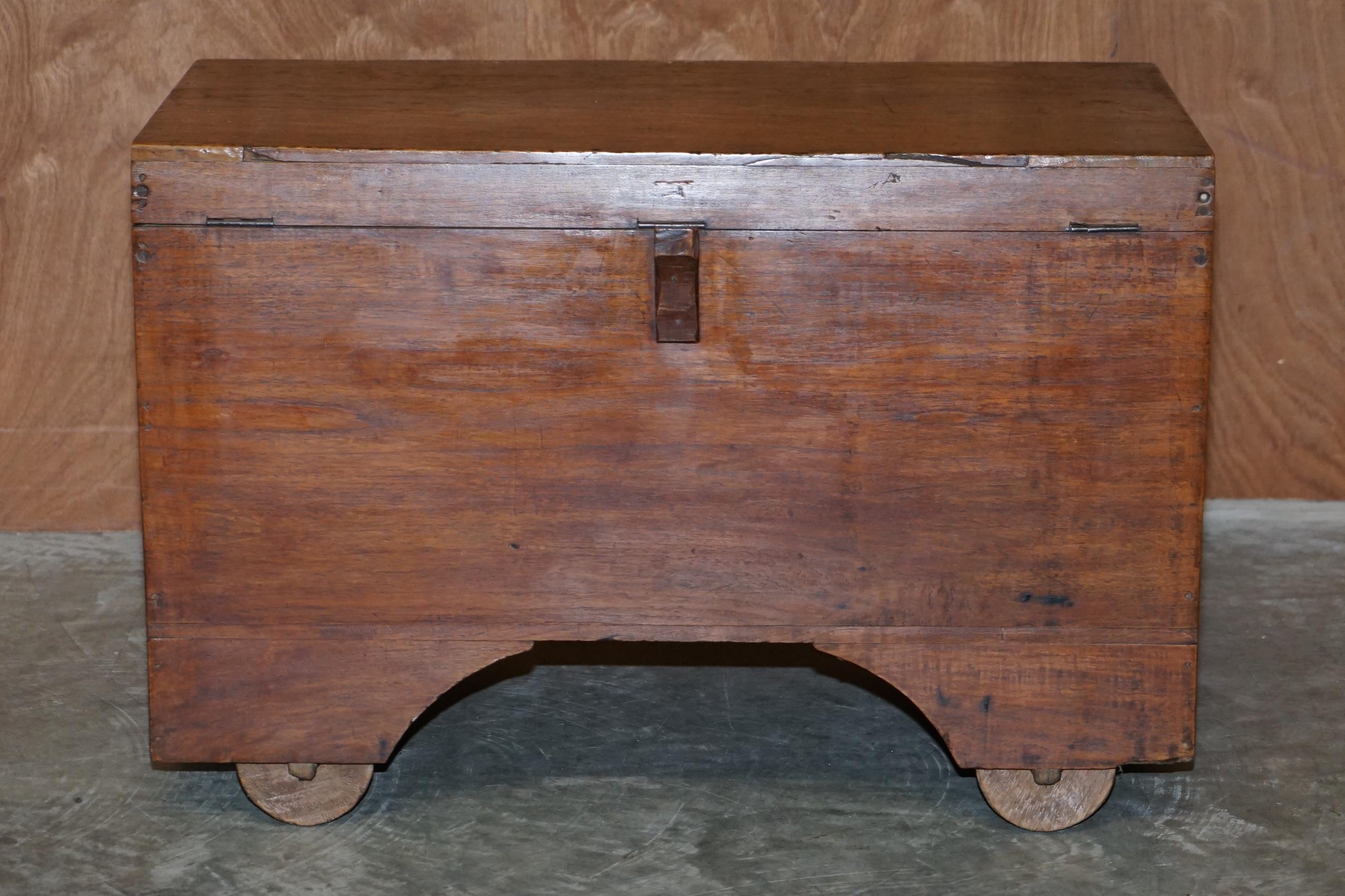 Antique circa 1900 Indian Teluga Kavidpetti Marriage Dowry Campaign Chest Wheels For Sale 1