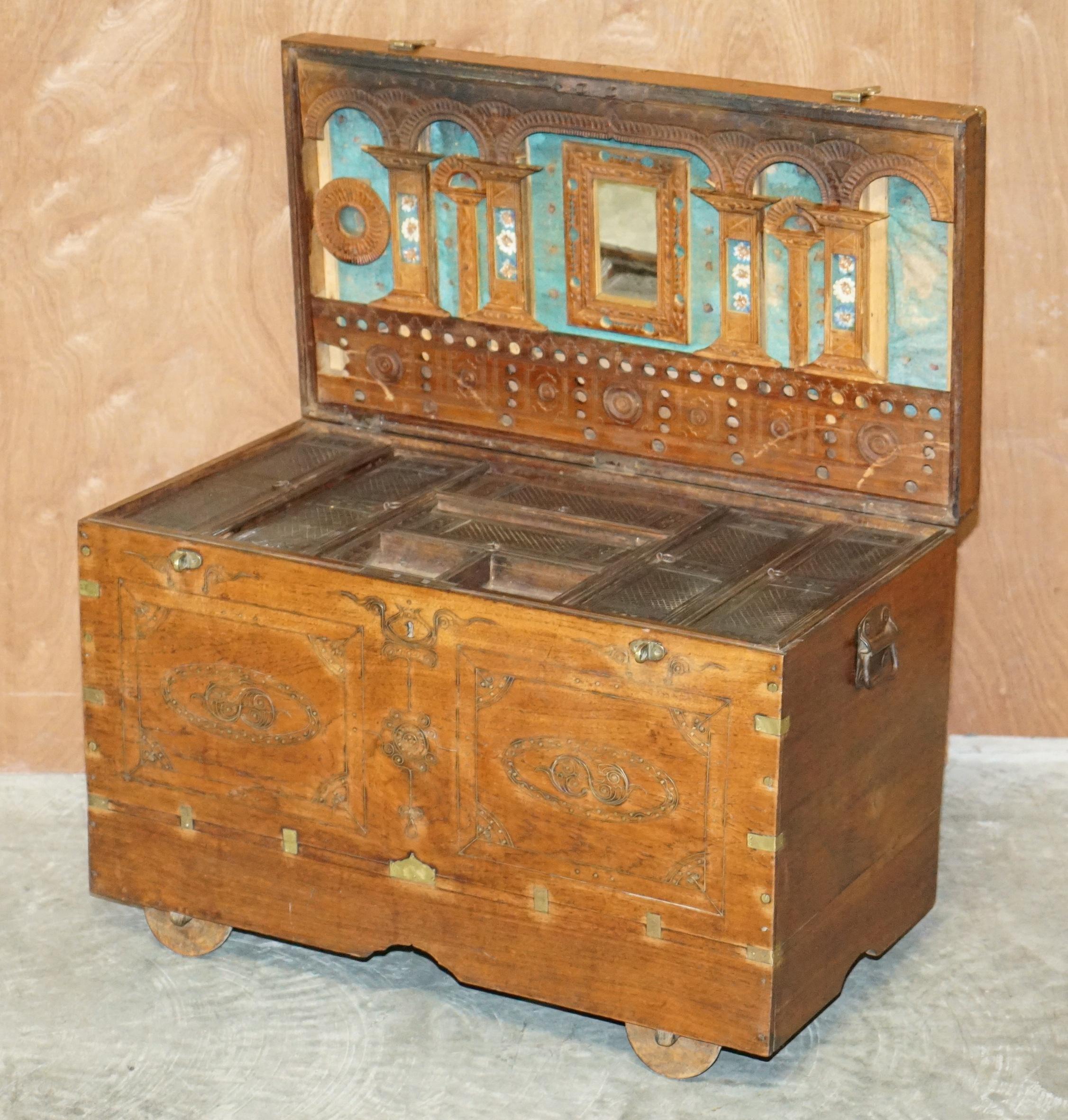 Antique circa 1900 Indian Teluga Kavidpetti Marriage Dowry Campaign Chest Wheels For Sale 4