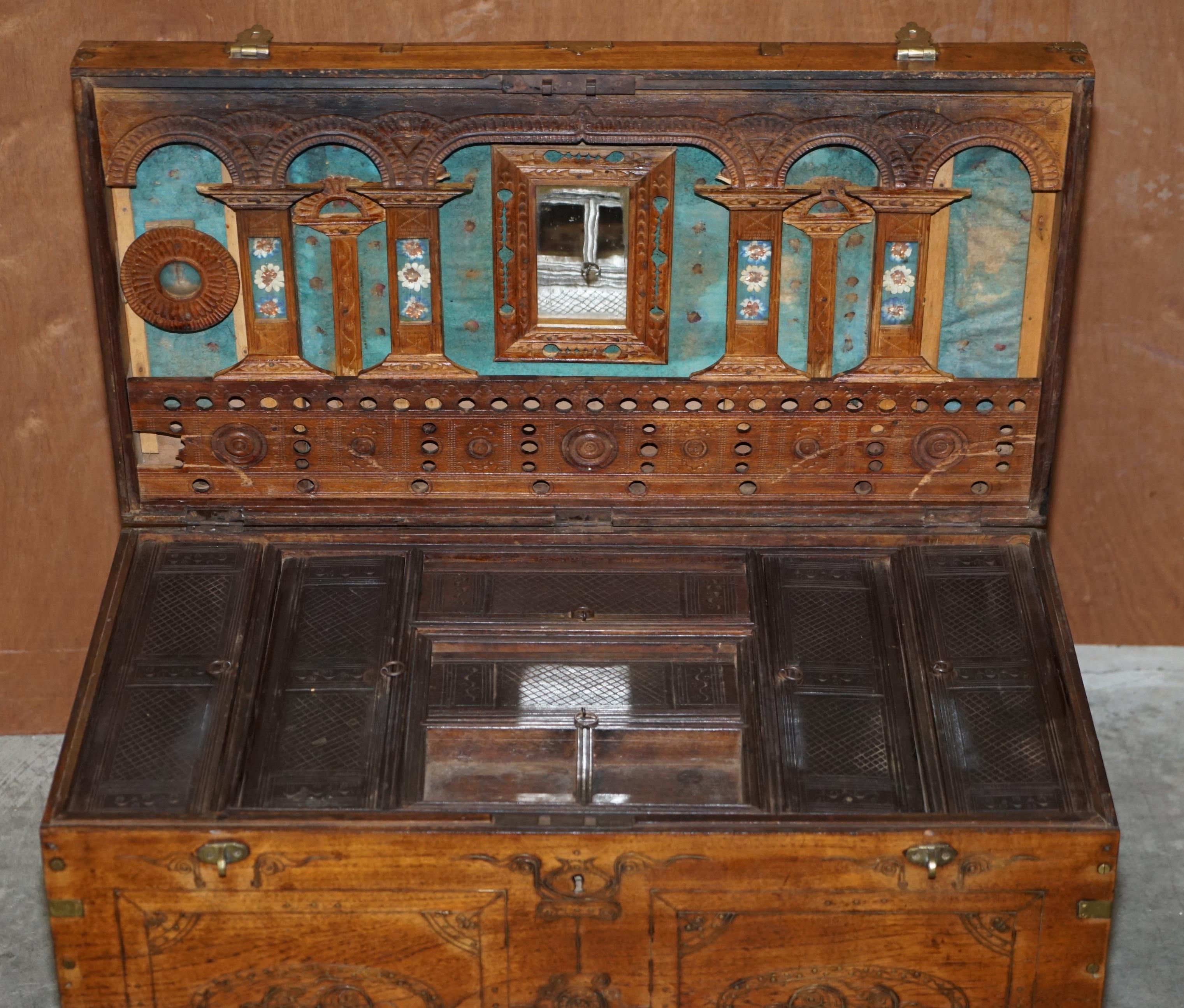 Antique circa 1900 Indian Teluga Kavidpetti Marriage Dowry Campaign Chest Wheels For Sale 3