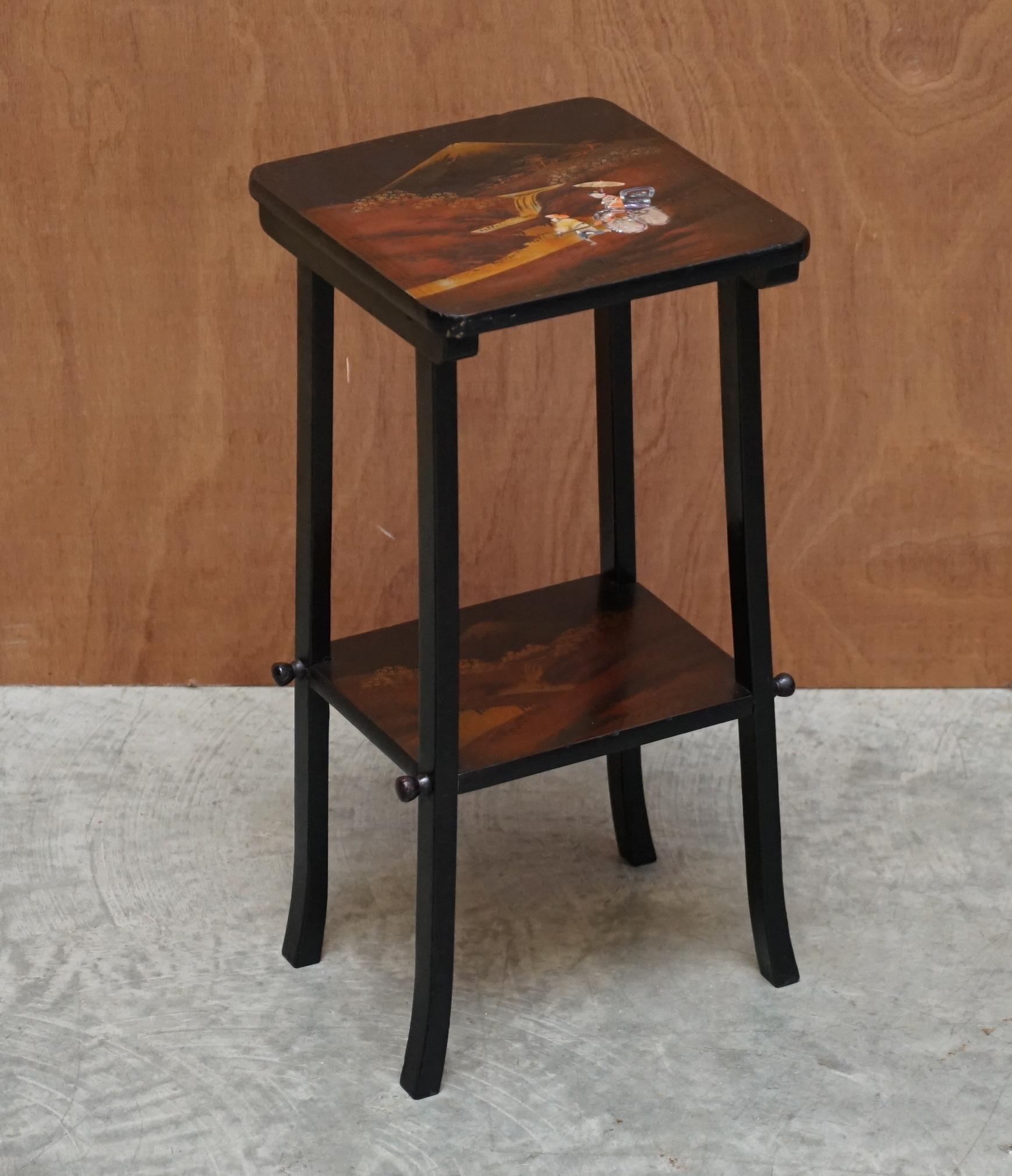 We are delighted to offer this stunning antique Japanese Shibayyama inlaid side table depicting a rickshaw driver and client in mother of pearl

This table is sublime, absolutely exquisite from every angle, circa 1900, hand made in Japan, the
